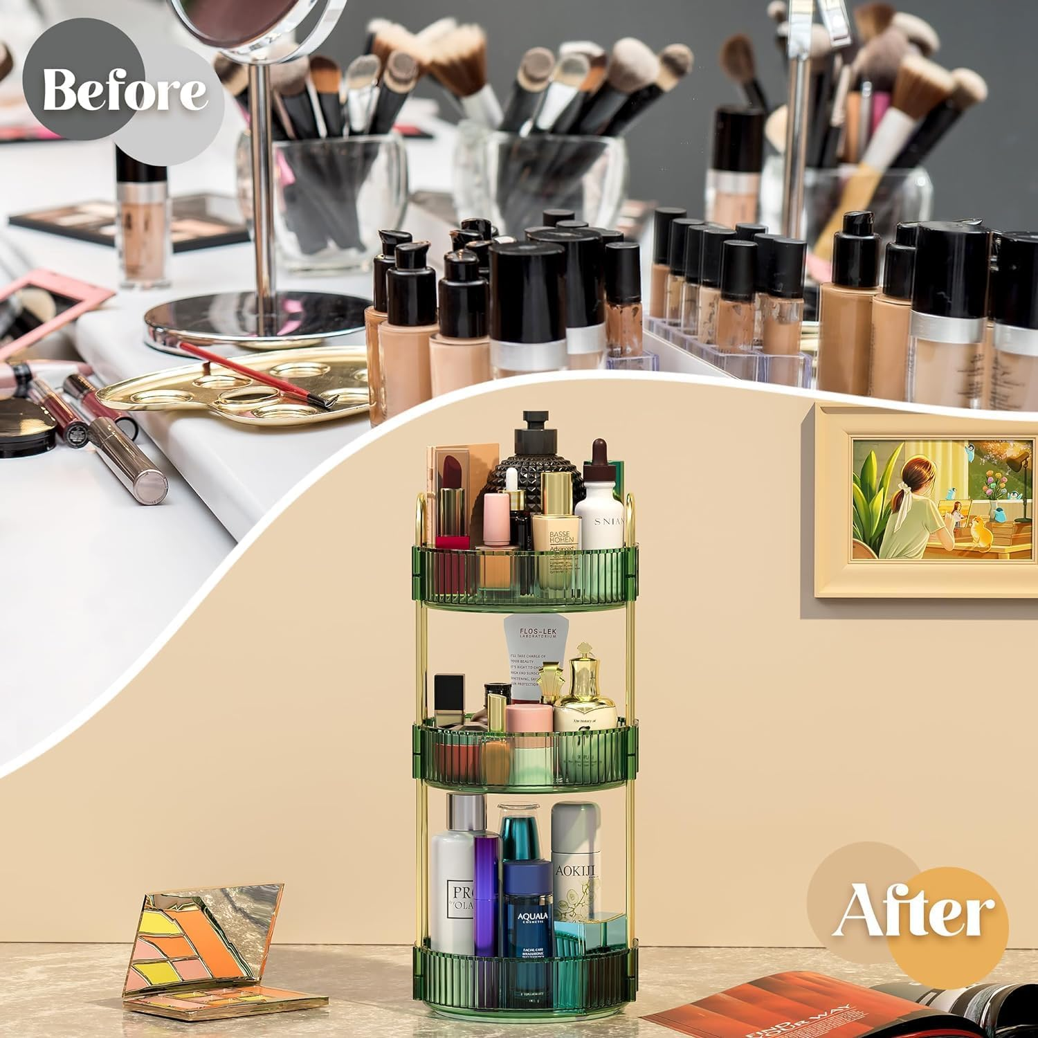 Tinyso 3 Tier Rotating Makeup Organizer for Vanity,Skincare Perfume Storage Organizersbathroom Counter Organizer for Make up Cosmetic Lipstick,Clear Spinning Organizer Perfume Holder (Green, 3Tier) image number 1