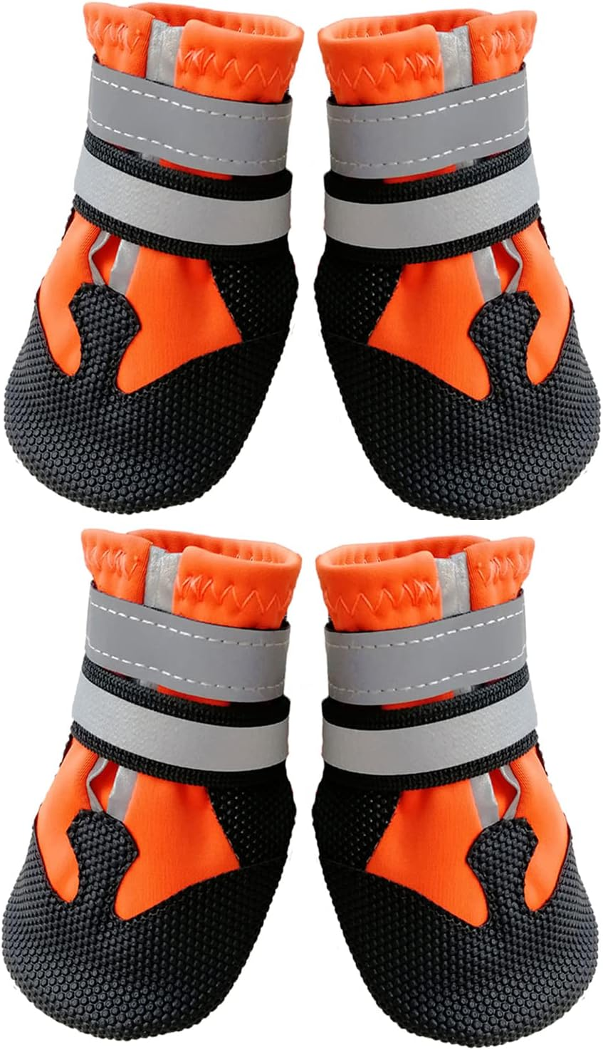 AMOMYDOG Dog Shoes, Set of 4 Waterproof Dog Boots, Dog Shoes with Reflective Straps and Non-Slip Sole for Dog Paw Protection (S, Orange)