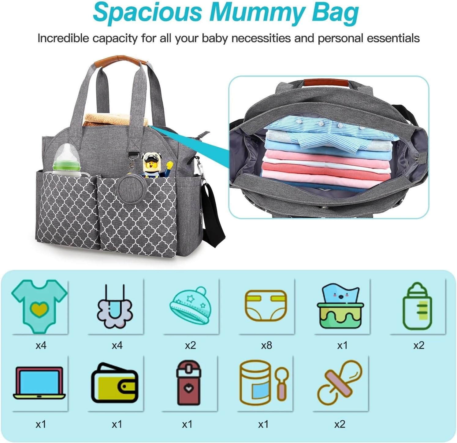 Diaper Bag Tote, Large Baby Changing Bag for Mom, Shoulder Mommy Bag with Pacifier Holder Case and Changing Pad, Baby Multi-Functional Travel Tote Diaper Bag with Adjustable Shoulder Strap, Grey image number 6