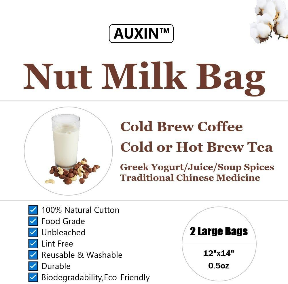 AUXIN Nut Milk Bags,100% Cotton Cheesecloth Bags,Yogurt/Coffee/Tea Strainer,Reusable Almond Milk,Oat Milk,Juice,Cold Brew Coffee,Food Grade,Reusable Washable Strainer (Large, 2 Pack) image number 4