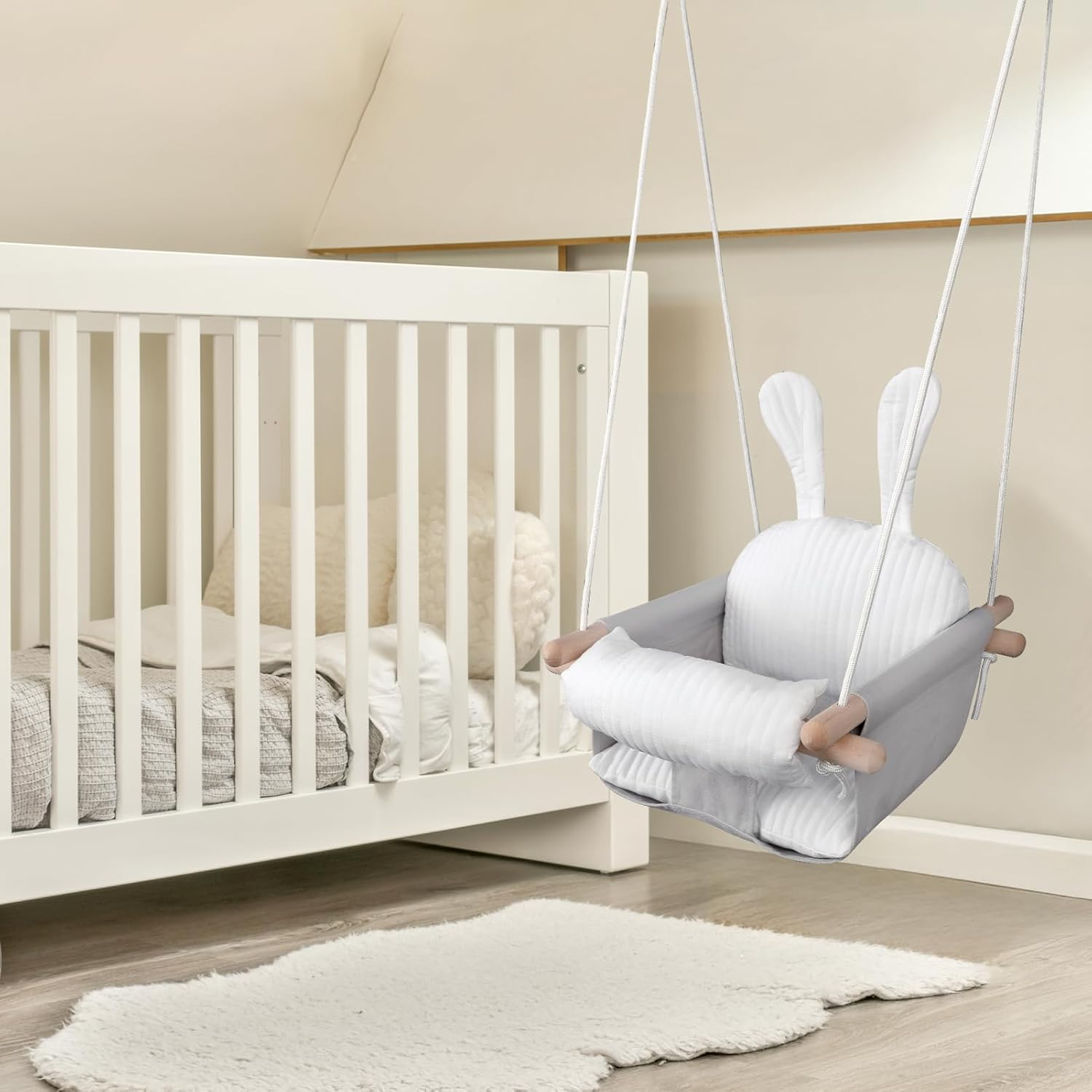 GFU Baby Swing, Canvas Swings for Infants Outdoor Indoor & Indoor, Toddler Swing for Indoors, Secure Wooden Hanging Swing Seat, Hammock for Indoor Playground, Grey Tree Swings or Backyard image number 5