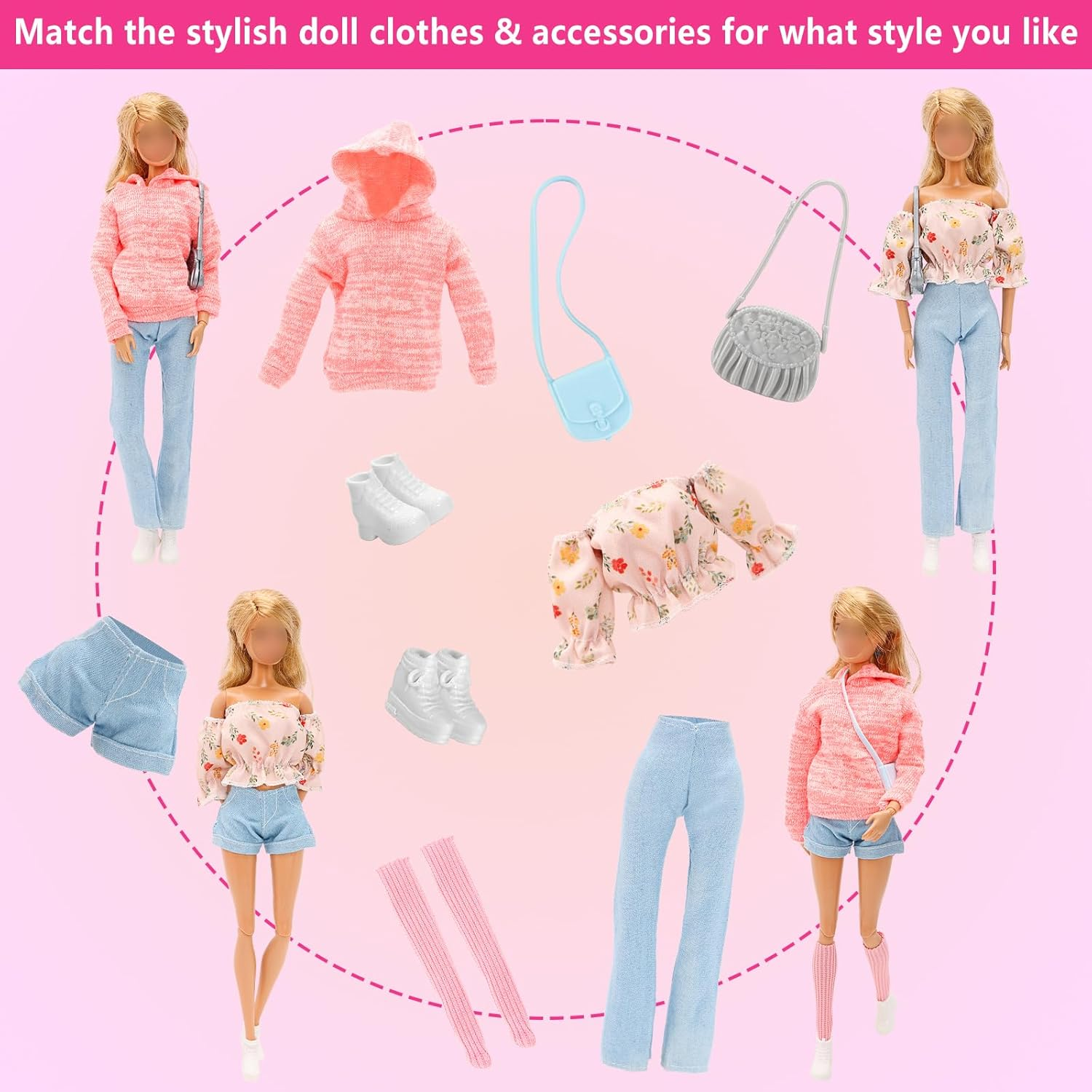 Barwa 15 Pcs Doll Clothes and Accessories for 11.5 Inch Girl Doll Including 5 Set Doll Clothes with 5 Pairs of Shoes and 5 Other Accessories for 11.5 Inch Girl Doll image number 3