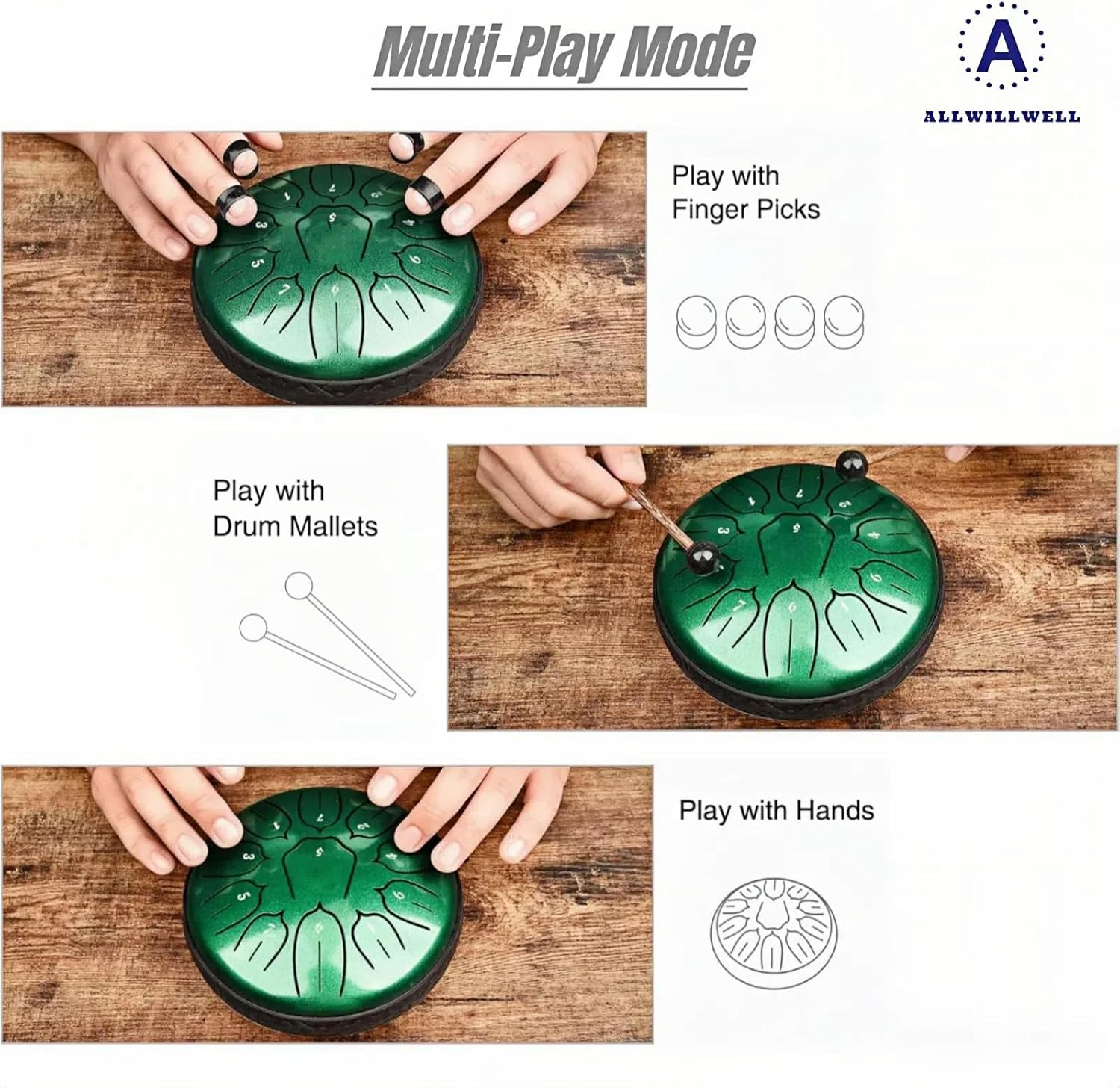 Steel Tongue Drum&Rain Drum - 6" 11-Note Waterproof Percussion | D Tuning | Thick Carbon Steel for Rich Tones | Perfect for Meditation, Yoga & Outdoor Rain Play (GREEN) image number 5