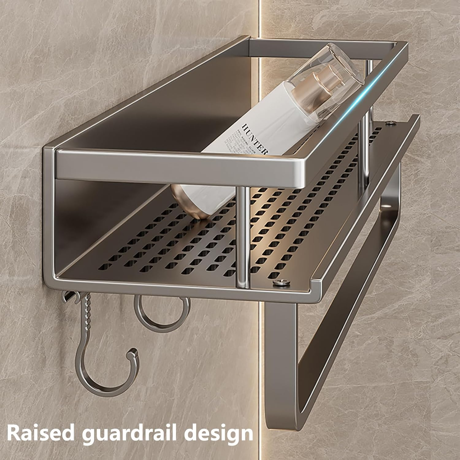 ZOOMTEC Large Shower Caddy with 5 Hooks and Removable Towel Bar, W50&times;D12Cm Rustproof Shower Organizer, Wall-Mounted No Drilling Bathroom Caddy for Balcony (Black) - Grey image number 6