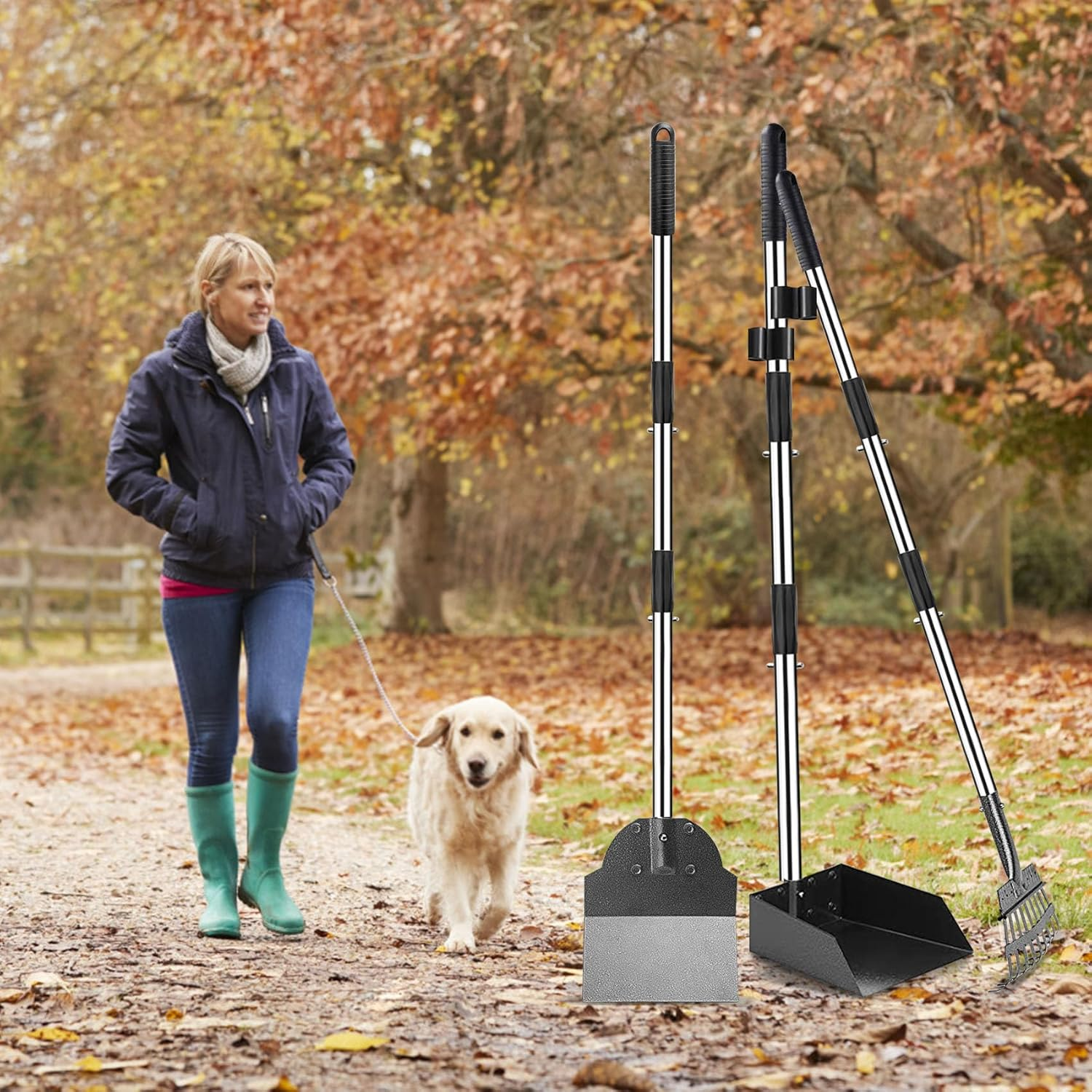 Kakeyrun 3-In-1 Dog Pooper Scooper Set, Tray Rake, and Spade 3 Pack Poop Scoop Adjustable Long Handle Metal with Tray for Pet Waste Removal, No Bending Clean up for Small Medium Dogs (Black) image number 1