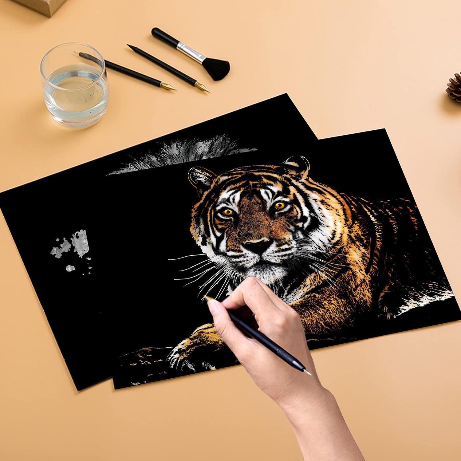 Scratch Rainbow Painting Art Paper,Scratch & Sketch Art for Kids & Adults,Animal Series Creative DIY Gifts&Arts Craft Kits with 4 Tools,16''X11''(Lion&Tiger) image number 3
