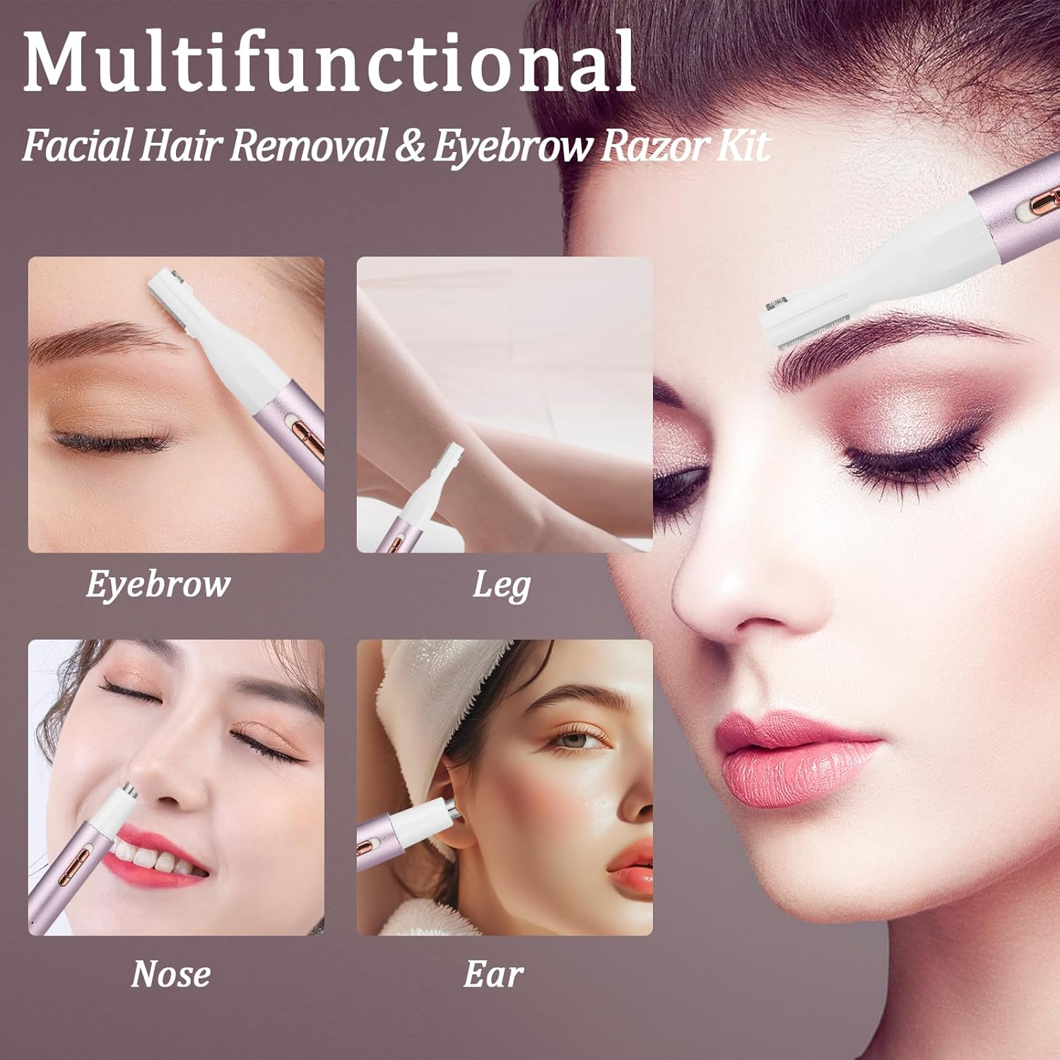 Yunmiss Nose & Eyebrow Trimmer for Women and Men,2025 Rechargeable Ear Razor & Face Shaver,Lady'S Painless Portable Facial Hair Removal with Comb, Dermaplane Tool for Face,Lips,Body,Leg (Purple) image number 1