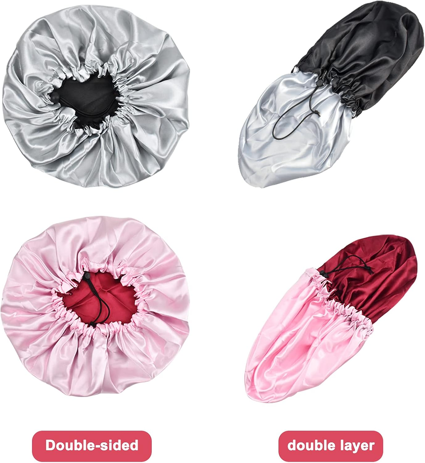 2 Pcs Satin Hair Bonnet Sleep Cap Night Hat Sleeping Head Cover with Elastic Wide Band for Women Girls for Braids Natural Long Hair, Curly Hair (Black & Wine Red) image number 2