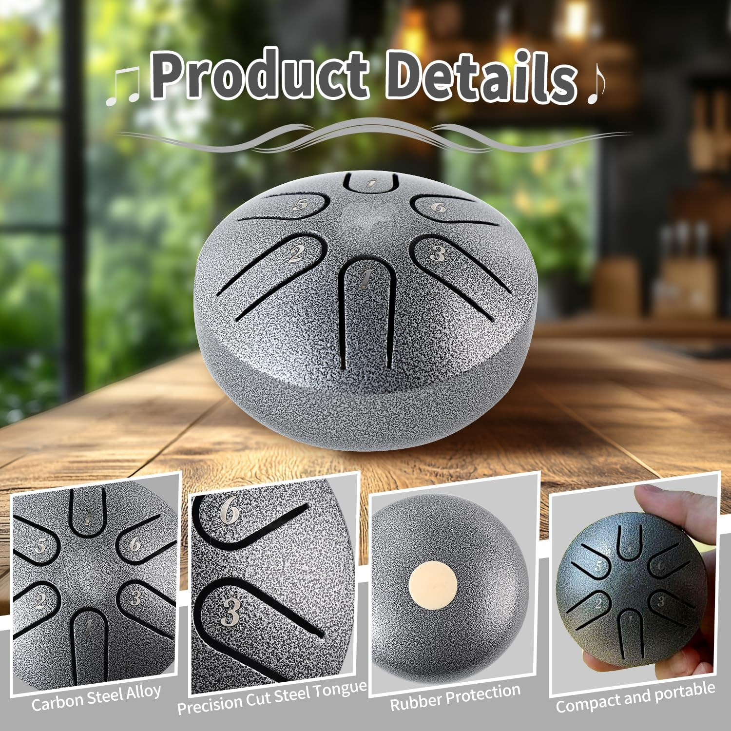 Yahpetes Steel Tongue Drum Musical Percussion Instrument Metal Rain Drum for outside 3 Inch 6 Notes C-Key for Meditation Yoga Education Percussion with Bag, Music Book, Mallets (3"6 Tone, Silver) image number 3