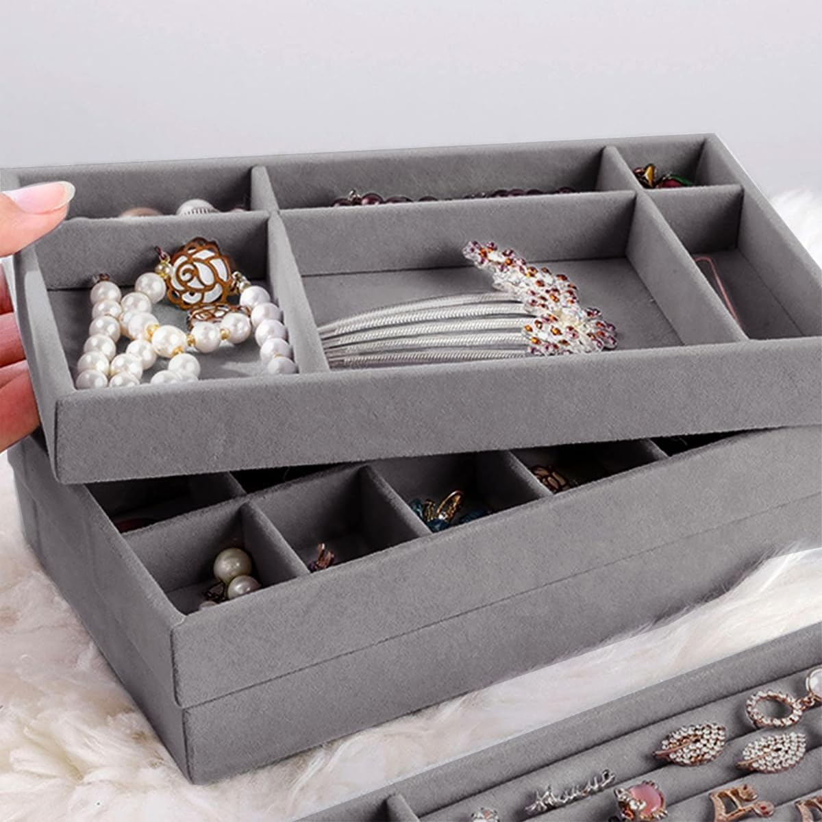 AIMALL 4PCS Grey Flocking Jewelry Display Storage Box Set Desktop Makeup Organizer Tray for Earrings Rings Bracelets Necklaces Velvet Jewellery Storage Holder 4.8In X 8.3In Compartments