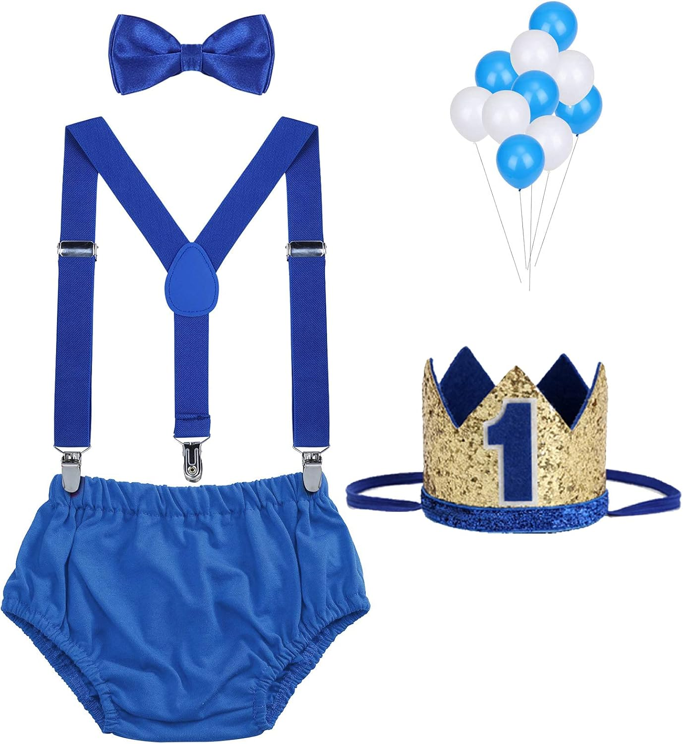 WELROG Baby Boys First Birthday Cake Smash Outfit Bow Tie Suspenders Bloomers Birthday Hat Sparkle Gold image number 1