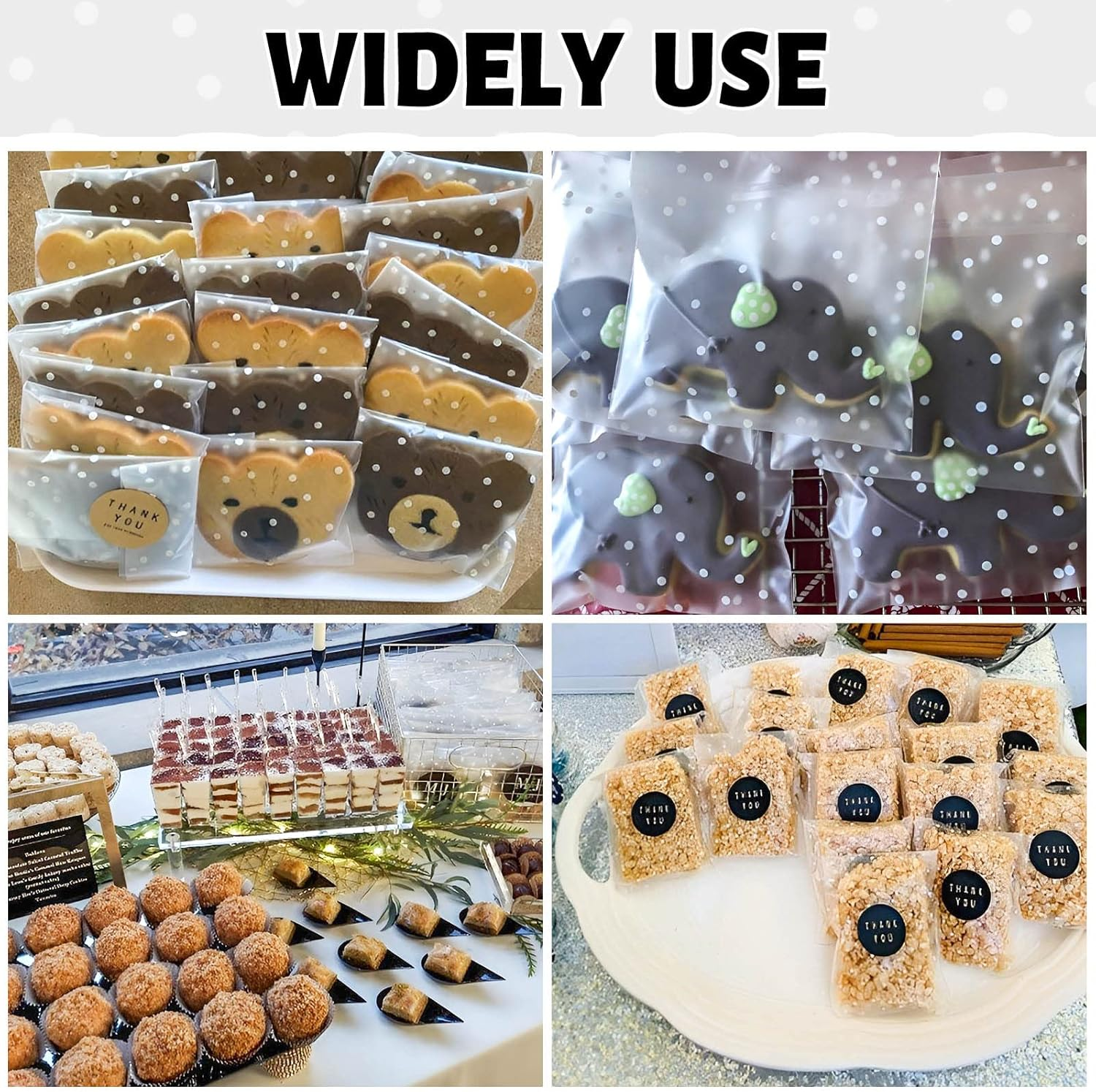 NPLUX 100PACK Self Adhesive White Polka Dot Cookie Bags (4X4 Inch) with Stickers, Non-Reusable, Plastic, Polypropylene (PP), Self Seal, Cellophane Treat Bags for Gift Giving, Storage, Packing image number 1