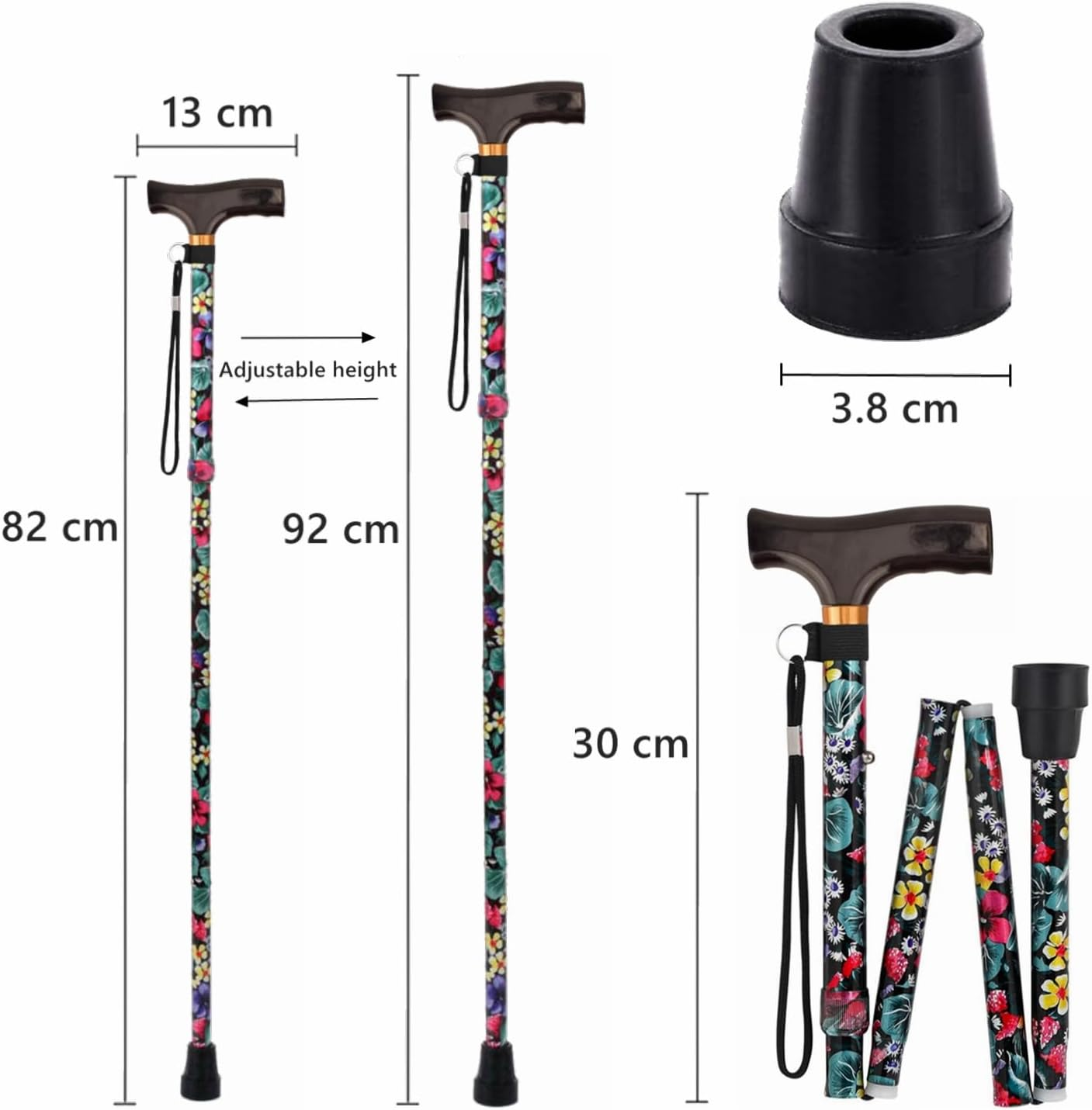 Foldable Walking Cane, 5 Level Height Adjustable with Smooth Wood Handle, Portable Collapsible Cane for Seniors, Black