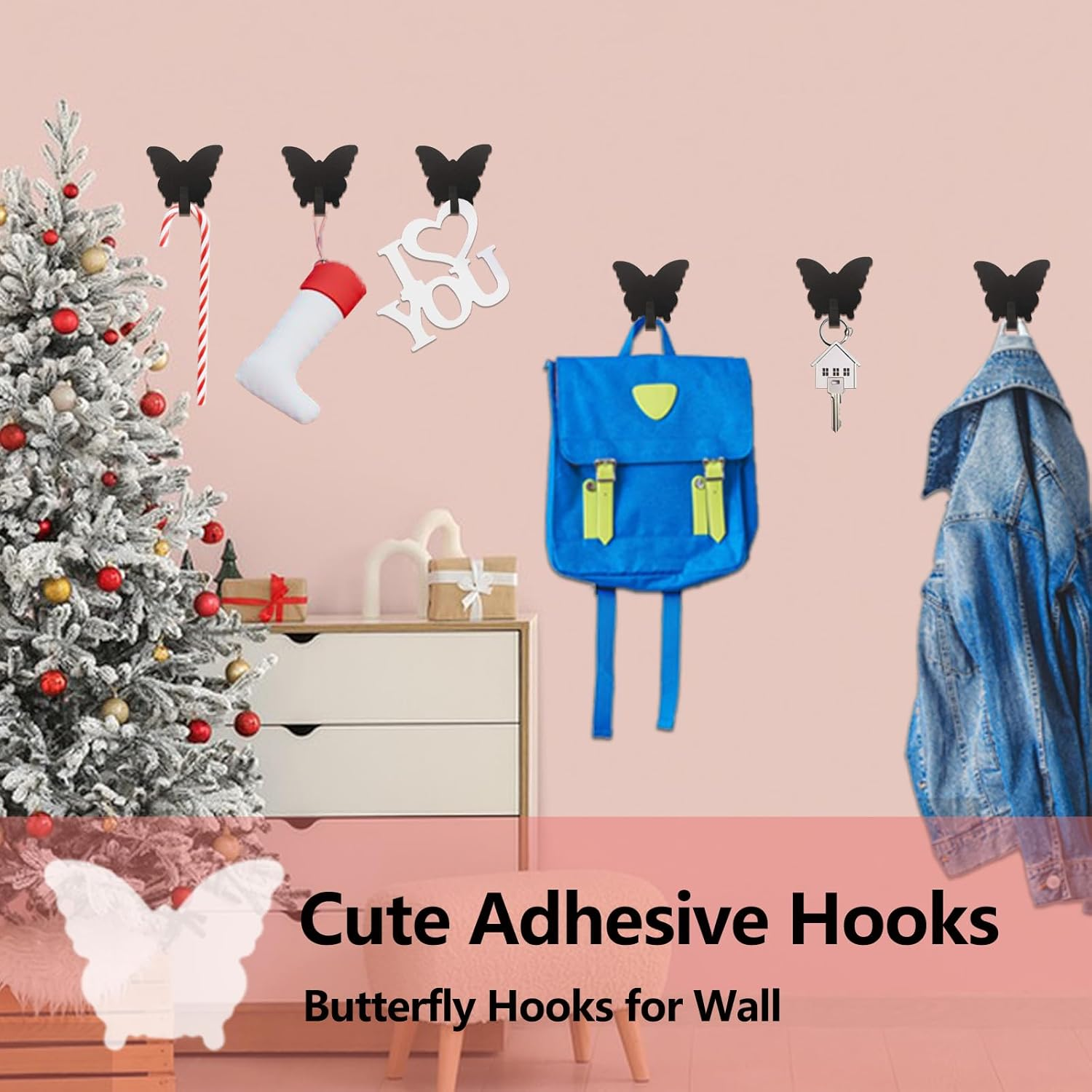 Duehoppee 8 Pack Adhesive Hooks,Cute Butterfly Sticky Hooks,Wall Decoration Hooks,Strong Stainless Steel Hooks to Organize Kitchen Office Bathroom Items, Key Hooks, Hat Hooks (Black) - Purple image number 7