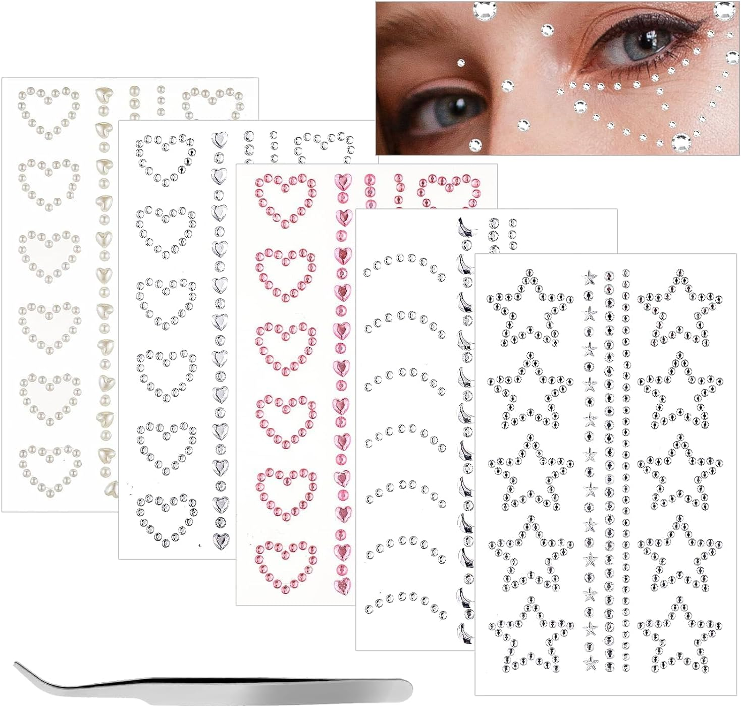 5 Sheets Self Adhesive Face Gems for Makeup - 3D Heart Star Moon Rhinestone Stickers, Eye Nail Body Crystal Pearls Jewels for Festival Crafts image number 1