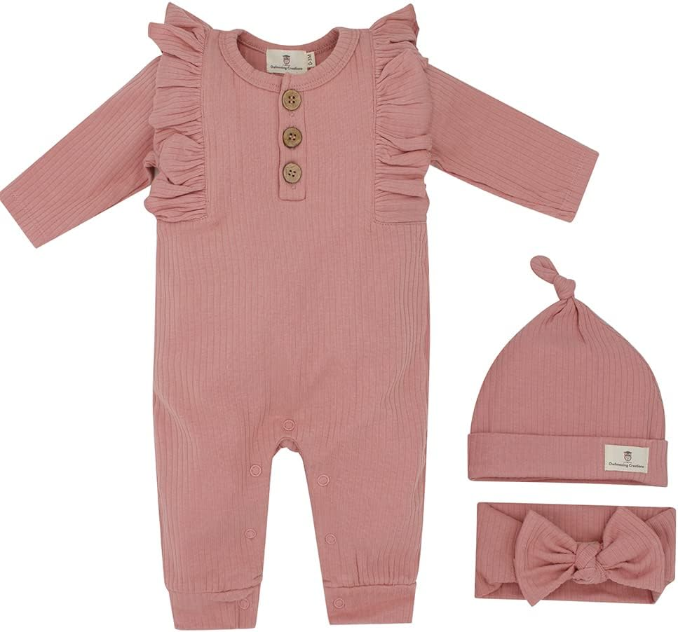 Newborn Baby Clothes - Baby Organic Cotton Long Sleeve Growsuit with Frill Gift Set with Matching Style Handband and Beanie for Baby Girls image number 1