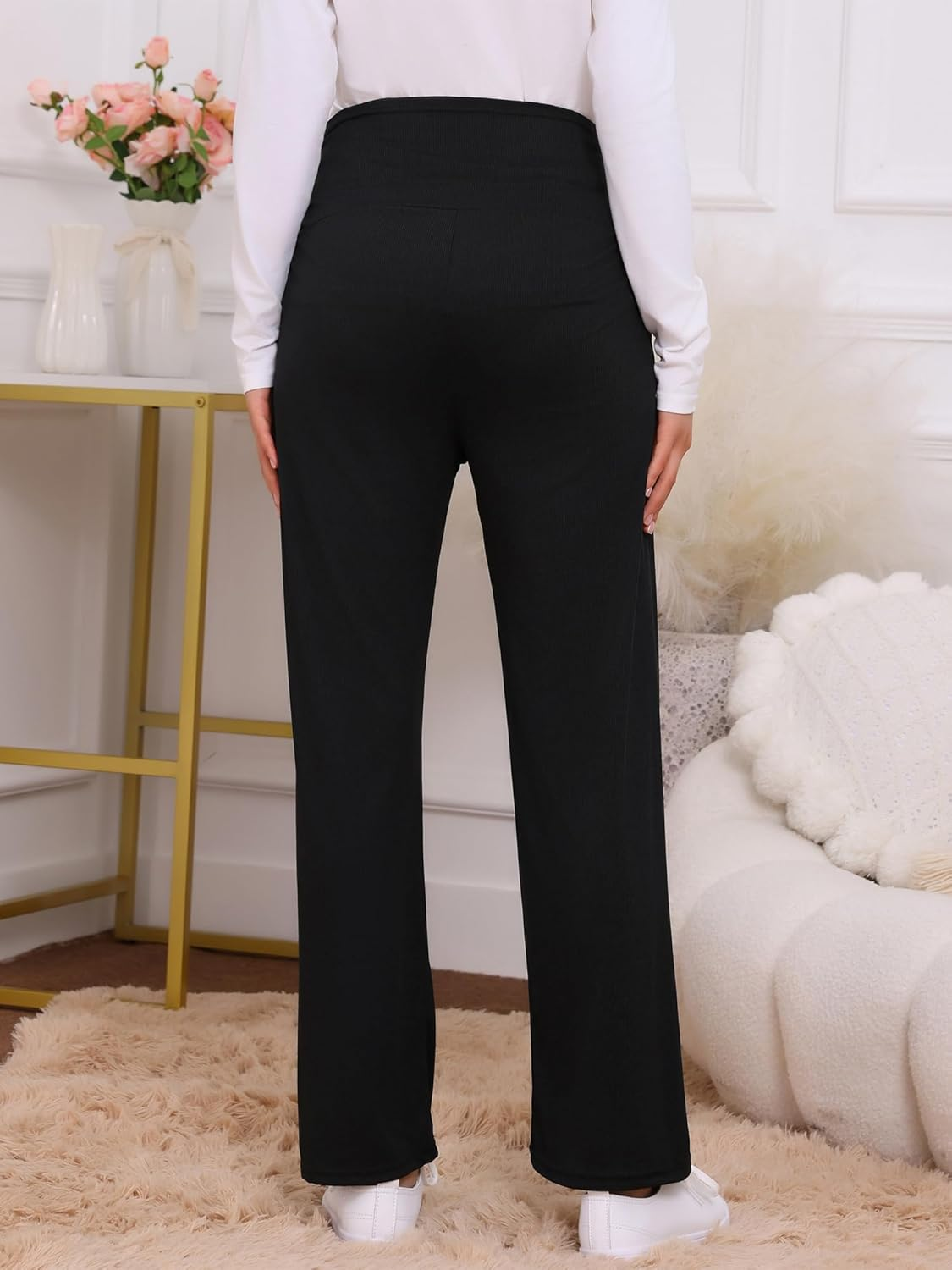 Womens Maternity Pants Ribbed Knit Palazzo over the Belly Work Lounge Wide Leg Pregnancy Trousers Black XL image number 1