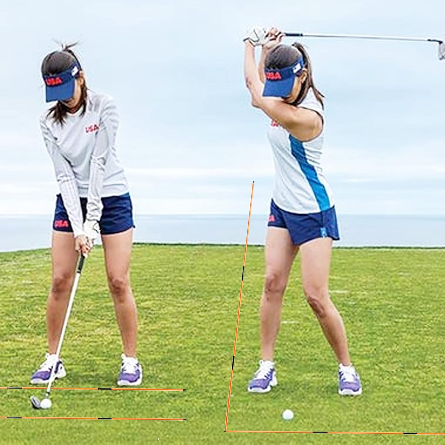 Eshan Golf Alignment Sticks 2 Pack Swing Training Aid Equipment Collapsible Trainer Practice Rods Posture Corrector in Handy Storage Tube Case for Men Women Golfer Swinging - Orange image number 5