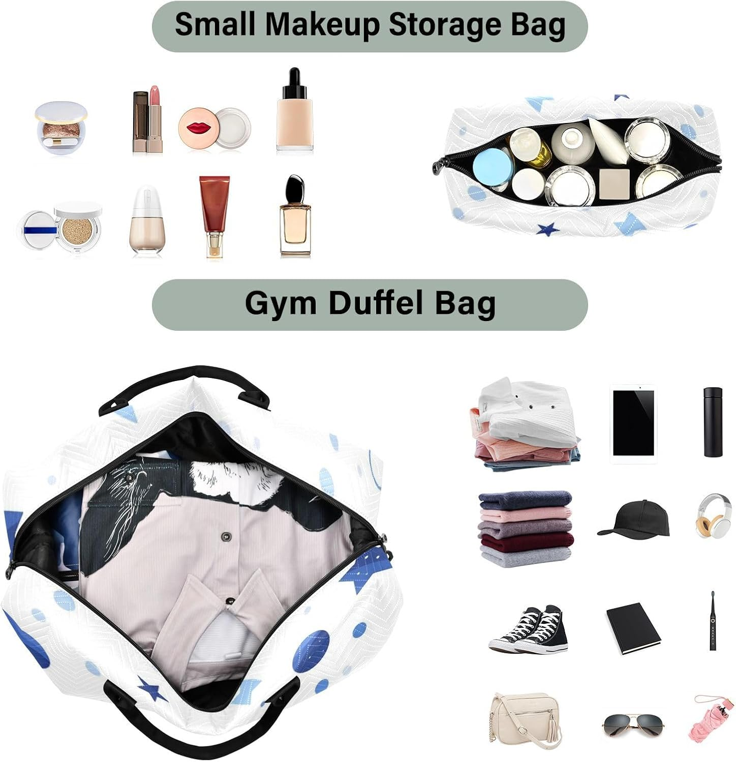 Blue Star Dots Travel Tote Bag Weekender Overnight Bag Workout Bag with Toiletry Bag for Hiking Waterproof, Blue Star Dots, 1 Size image number 6