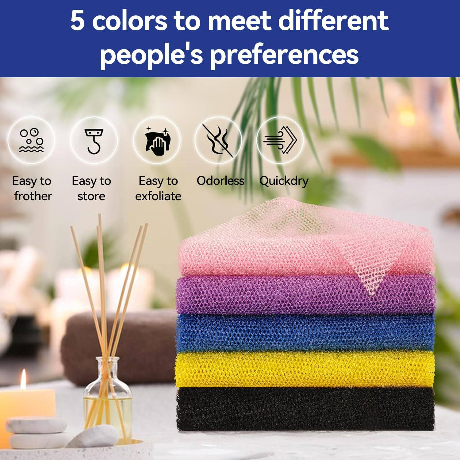 Proxima Direct 5 Pack 80 X 30CM African Net Sponge with 5 Hooks African Wash Net African Exfoliating Net Bath Scrubbing Long Net Rag Shower Body Scrubber for Daily Bathing