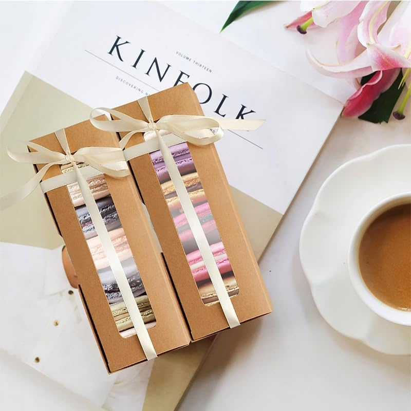 Kraft Bakery Boxes - 10 Small Pastry Treat Boxes with Window, Gift Packaging for Cookies, Pastries, Mini Cakes, Donut, Pie Slice, Stickers Included (Brown) - Brown image number 5