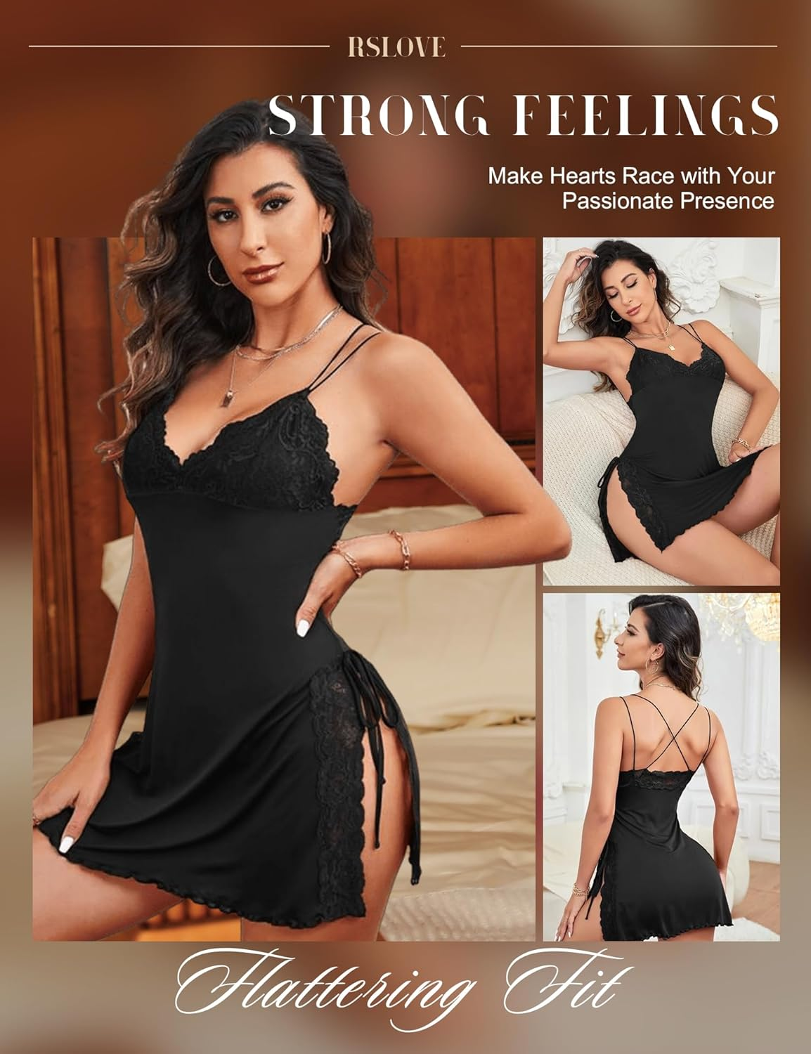 RSLOVE Women Lingerie Sexy Chemise Lace Babydoll Side Split Full Slip Nightgown Modal Sleepwear Nighty image number 1