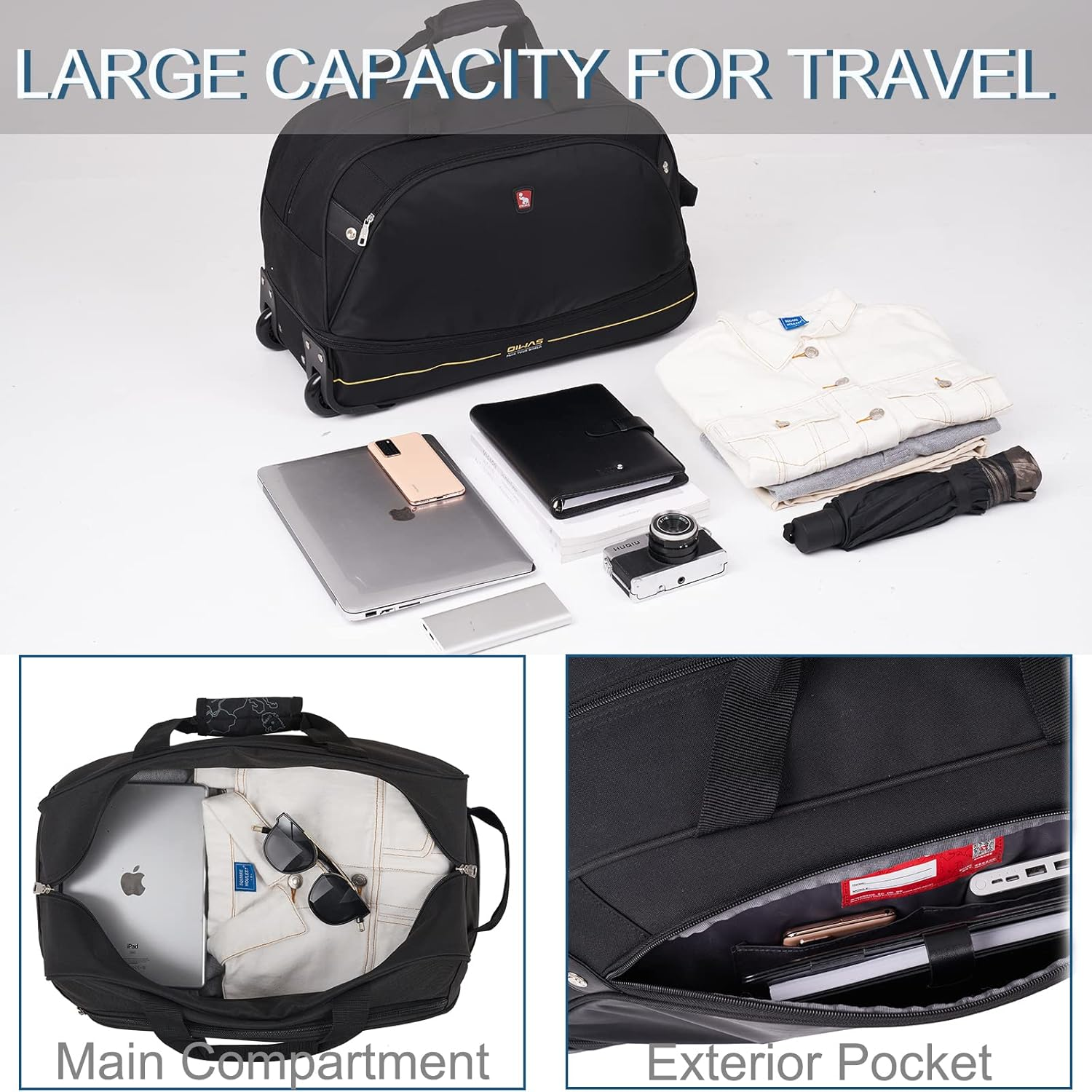 OIWAS Small Rolling Duffel Bag with Wheels Travel 22 Inch Carry on Luggage Tote Unisex-Adult Short Term Trips Expandable 50L to 60L (Black) image number 2