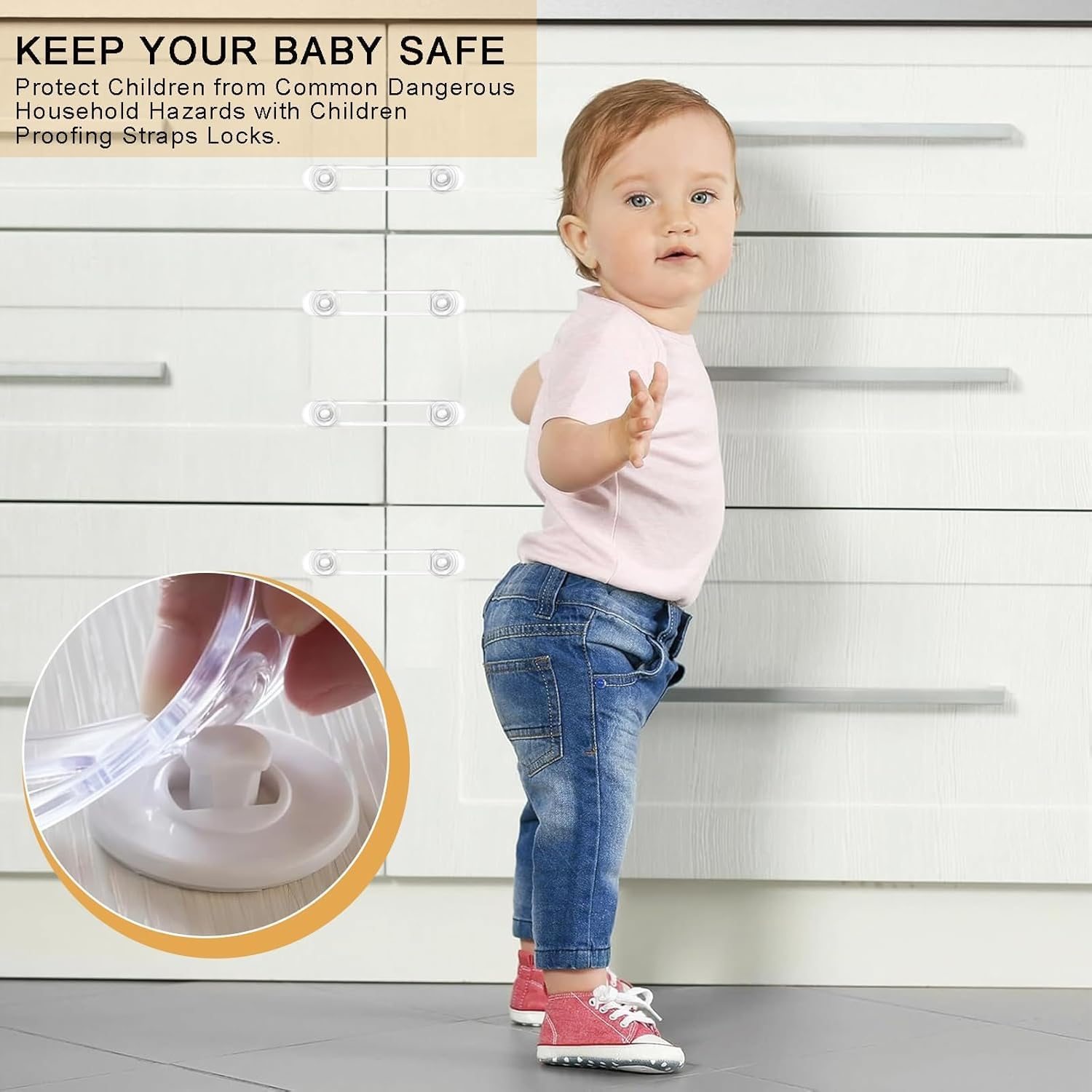 Cupboard Locks for Children, Child Locks for Kitchen Cupboards, Transparent Child Safety Cupboard Locks, without Drilling Strong Adhesive Cabinet Lock for Fridge, Cabinets, Drawers (16.5Cm, Pack, 20) image number 5