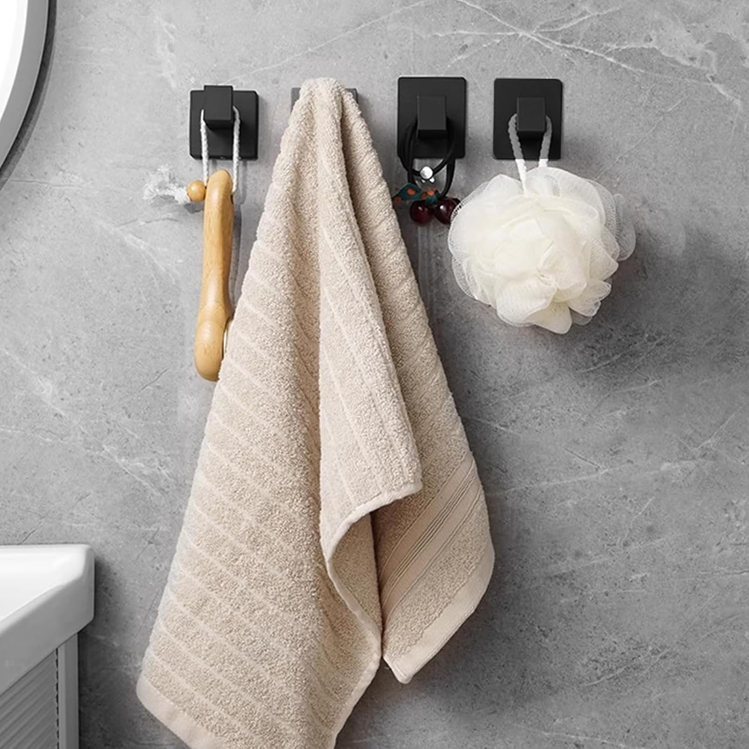 4 Pack Adhesive Towel Hooks, Heavy Duty Aluminum Wall Hooks for Bathroom, Kitchen, Office &ndash; Matte Black Hanging Hooks for Towels, Robes, Coats, Hats, Clothes, Shower & Door (Black) image number 2
