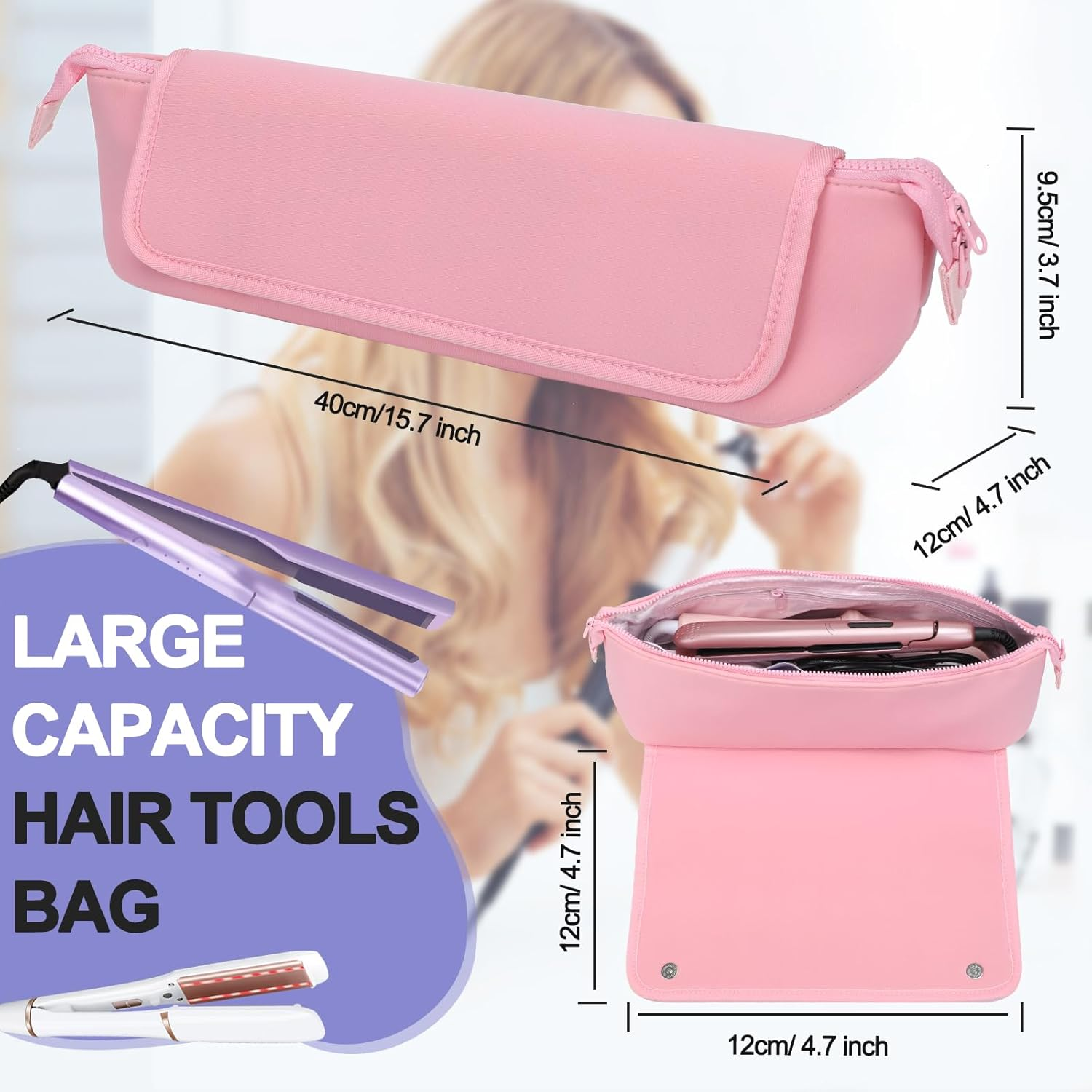 BAQRAXIA Heat Protection Case, Heat Resistant Bag for Straighteners, Hair Tools Travel Bag, Pink, Pink, Heat Resistant Straightener Bag image number 2