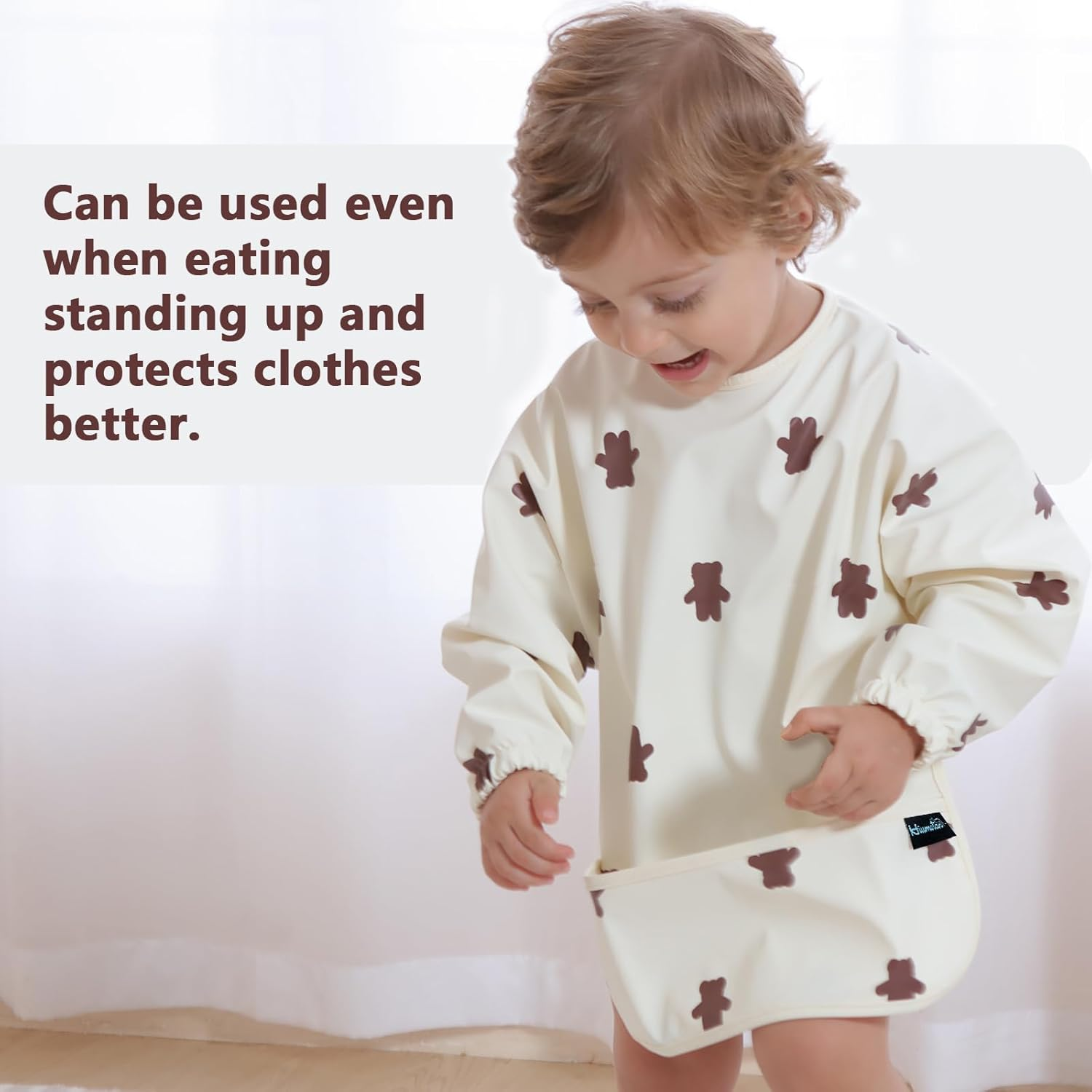 Hiumotan Feeding Bib & Baby Bib with Long Sleeves & BLW, Soft and Skin-Friendly Material, Coverall Bibs for Baby Feeding, Waterproof and Easy to Clean & Machine Washable, for Infant Toddlers - Beige image number 5