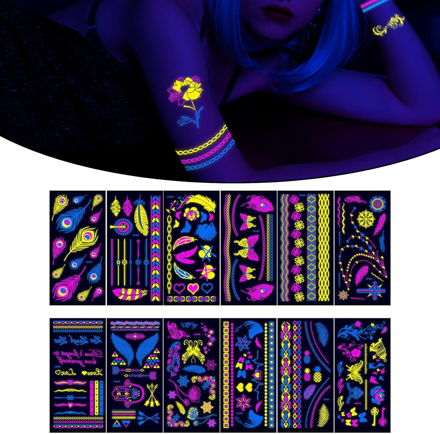 12 Pieces Glow in the Dark Tattoos, Reactive Luminous Gifts, Temporary Tattoos for Raves, Style A - Style B image number 2