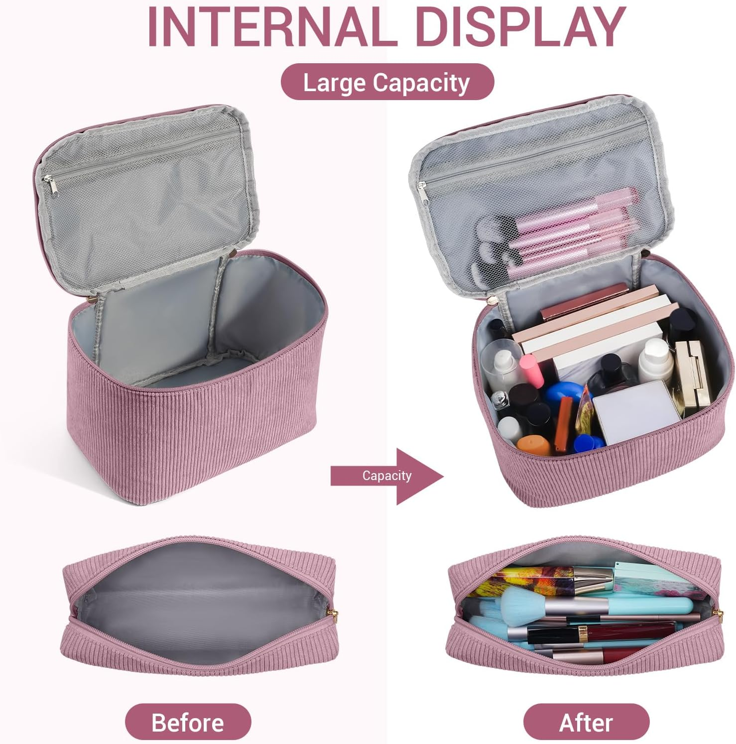 MAGEFY 2Pcs Makeup Bag,Cosmetic Bag Large Capacity with Handle Small Makeup Bag for Purse, Travel Makeup Pouch for Women (Pink) image number 3