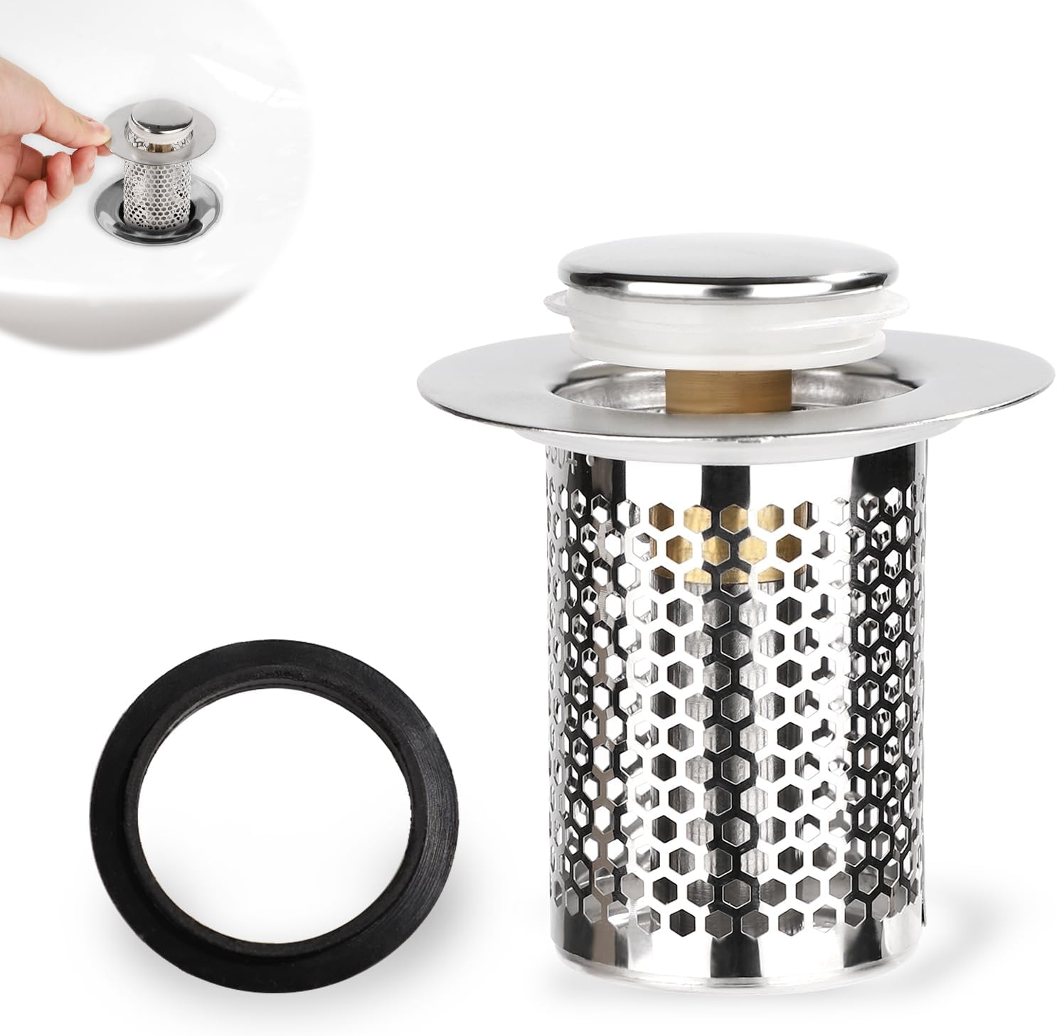 Stainless Steel Floor Drain Filter, Short-Styled Pop-Up Sink Drain Filter Multifunctional Bathtub Sink Drain Strainer Bathroom Sink Stopper for Kitchen Bathroom Supplies image number 2