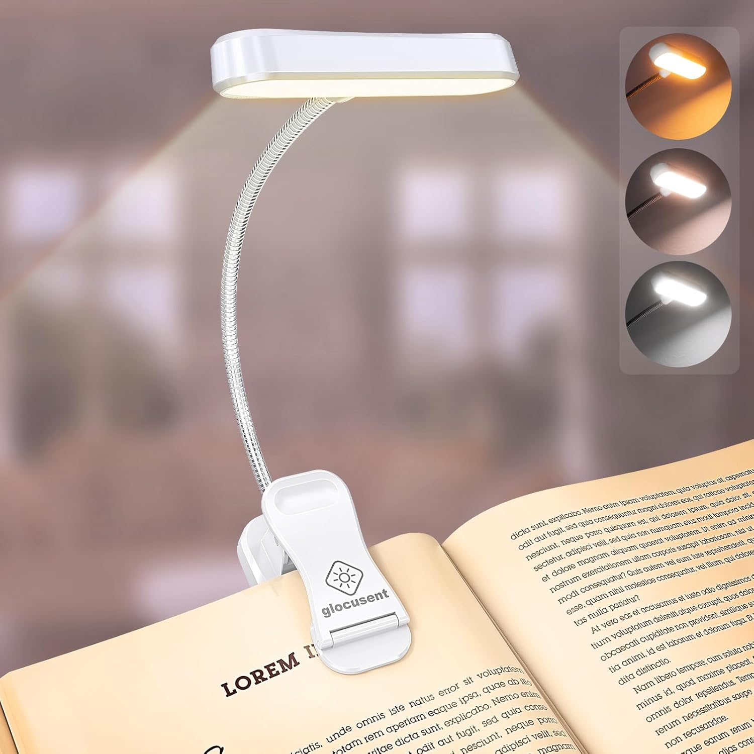 Glocusent Horizontal Et-Head Book Light for Reading in Bed, Eye Caring, CRI 95, 3 Colors & 5 Brightness, Rechargeable Long Lasting Reading Light, 1.4Oz Lightweight & Portable, Perfect for Book Lovers