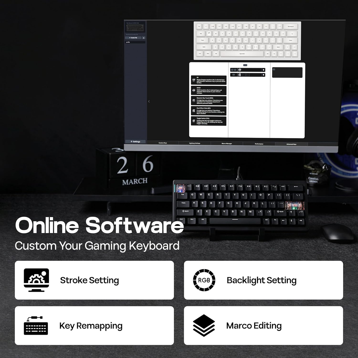 Mechlands CIDOO C60 HE Wired Rapid Fast Gaming Keyboard with Silent Magnetic Switch, Hall Effect Keyboard with 8K Polling Rate, 0.125Ms Latency, 63-Key Compact Layout, Hot-Swappable (Black) image number 3