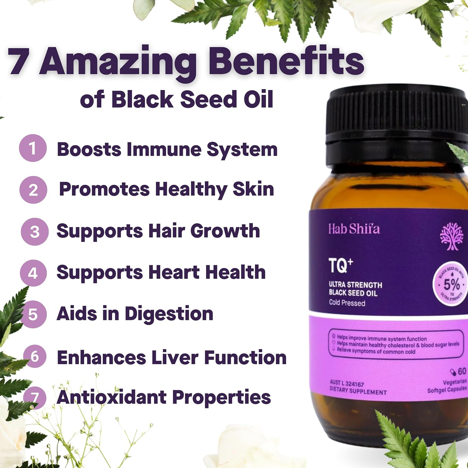 Hab Shifa Ultra Strength Premium Black Seed Oil 5% TQ | 500Mg Softgel |100% Cold Pressed Organic Nigella Sativa Black Cumin Seeds Thymoquinone & Omega 3 6 9 Hair, Skin, Heart & Wellness (60 Softgels) image number 5