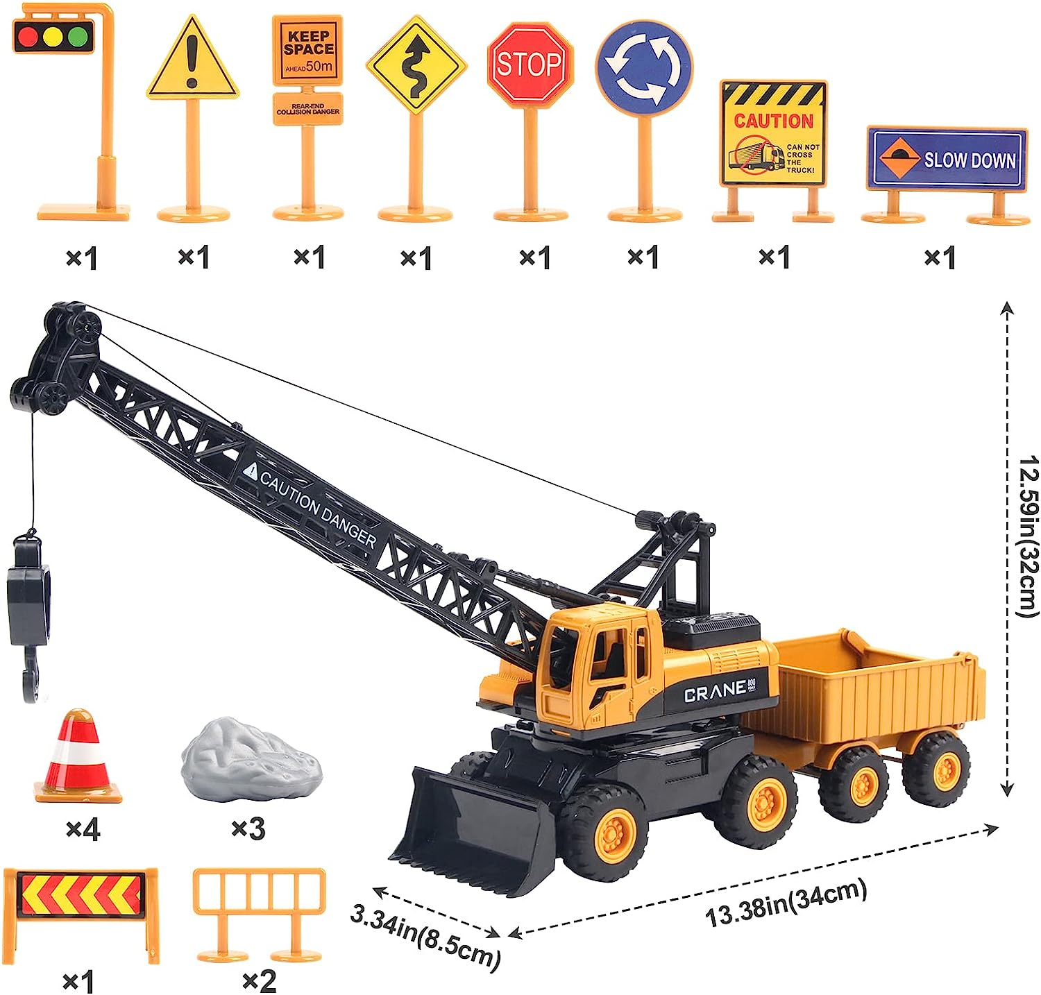 Hapavis Crane Toys Construction Truck Inertia Vehicle Engineering Car with Trailer Road Signs for Kids Boys Girls Birthday Gift image number 4