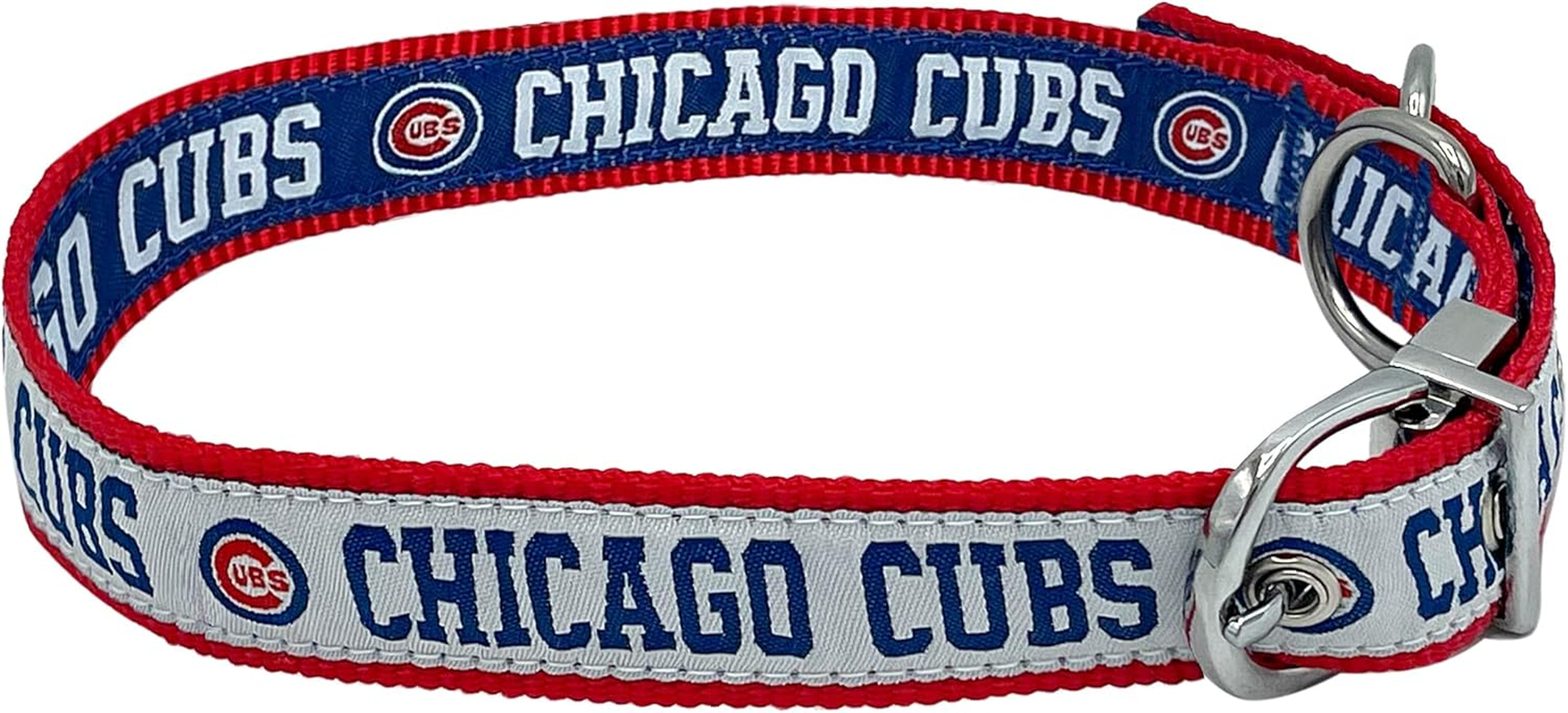 Chicago Cubs Reversible MLB Dog Collar, Large. Premium Home & Away Two-Sided Pet Collar Adjustable with Metal Buckle. Your Favorite MLB Baseball Team with a Unique Design on Each Side! Dogs & Cats image number 1
