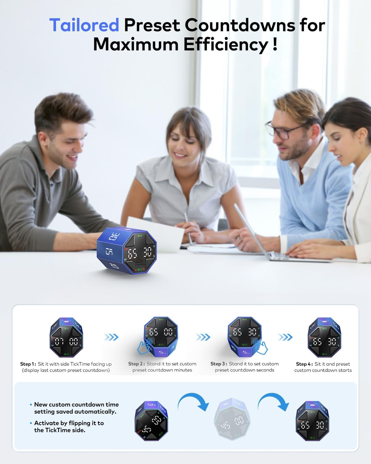 Ticktime Pomodoro Timer Cube, Custom Pomodoro, Pause & Resume, Silent, Vibrate & Adjustable Sound Alert, for ADHD, Task, Work, Study, 3/5/10/15/30/45/60Min & Custom Countdown, Blue image number 2