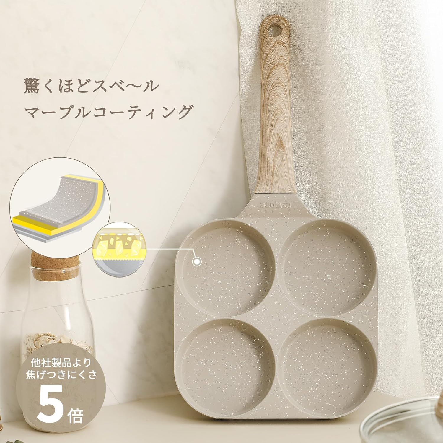 Carote Fried Egg Fry Pan, Partitions, Gas Fire, Induction Compatible, PFOA PFOS Free, 4 Hole round Frying Pan, Multi-Pan, Breakfast Pan, Non-Stick, Easy to Clean, Large Grill, Bento Box, Imagawa-Yaki, image number 3