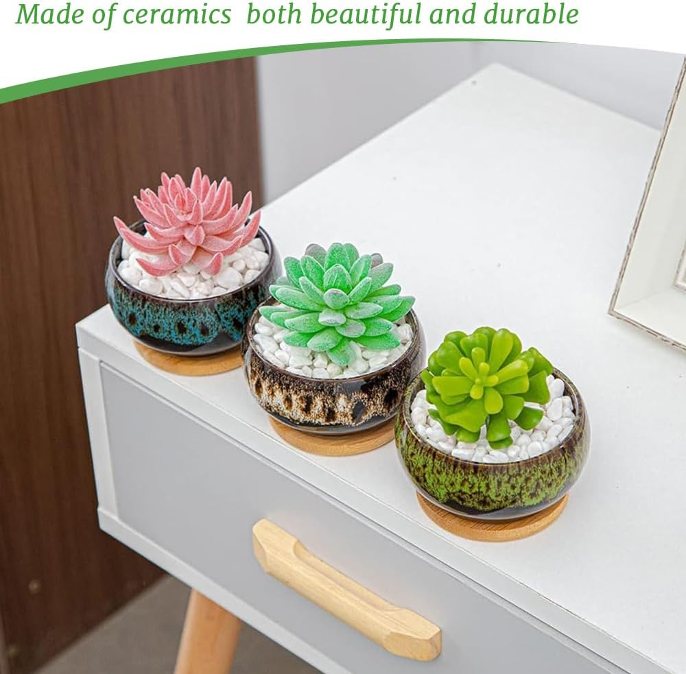 5-Piece Ceramic Indoor Succulent Plant Pots with Drain and Tray, Succulent Plant Pots, round Table Decorative Flower Pots, Ceramic Flower Pot Set, Plants Not Included