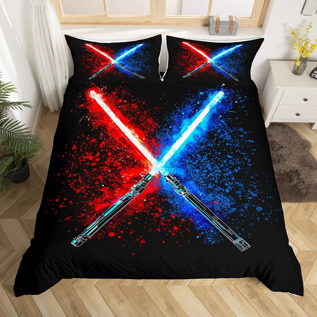 Homewish Lightsaber Bedding Set, Geometric Lines, Gradient Comforter Cover, 135 X 200 Cm, for Children, Boys, Teens, Red, Blue, Neon Flash Duvet Cover, Abstract Ombre, Lightweight Bed Set image number 3