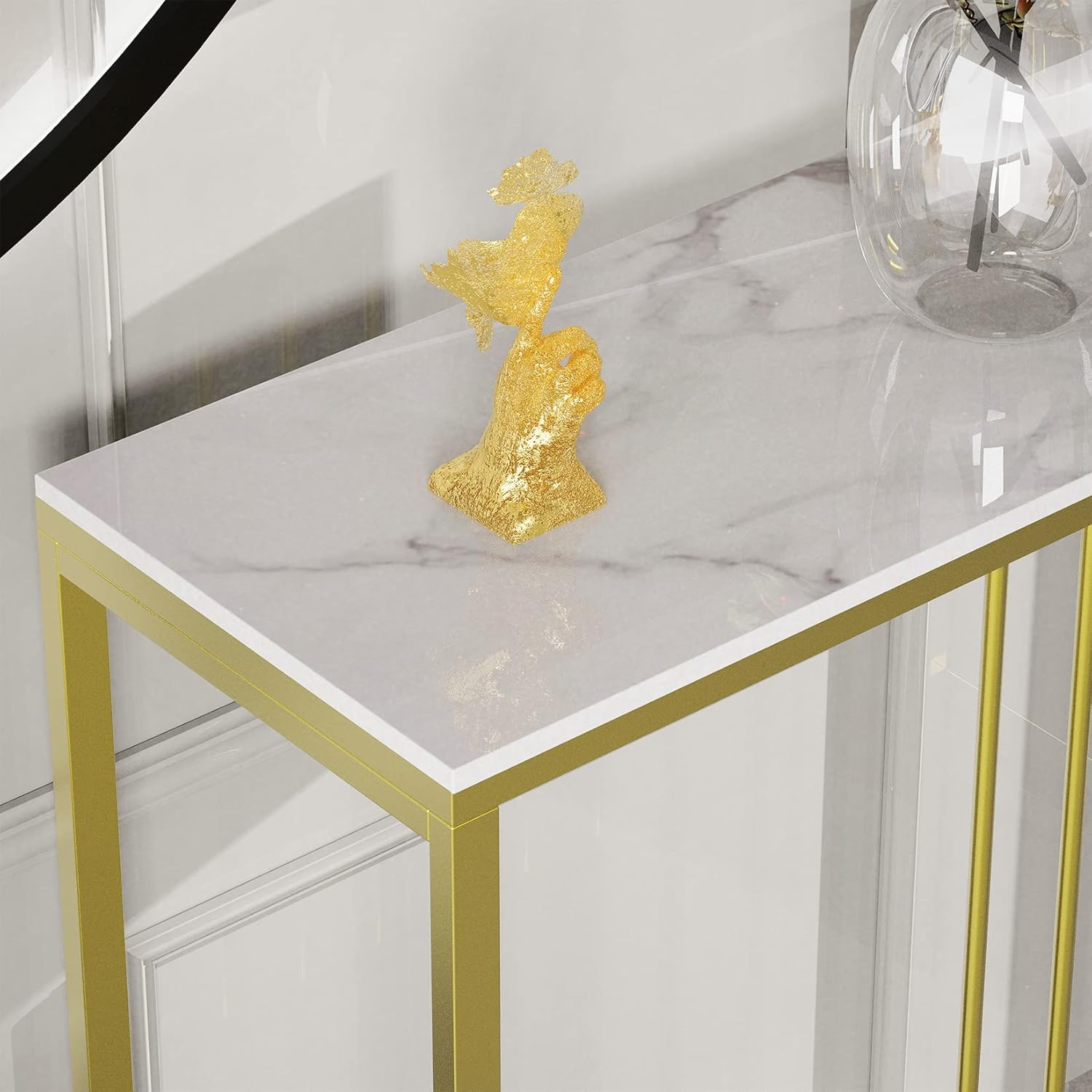 Slim Console Table Hallway Unit: White Marble Top Consoles Desk Long 100Cm High Gloss Sintered Stone Marbles Effect and Gold Frame Narrow Tall Modern Sofa Side Tables Entryway Furniture Decor image number 4