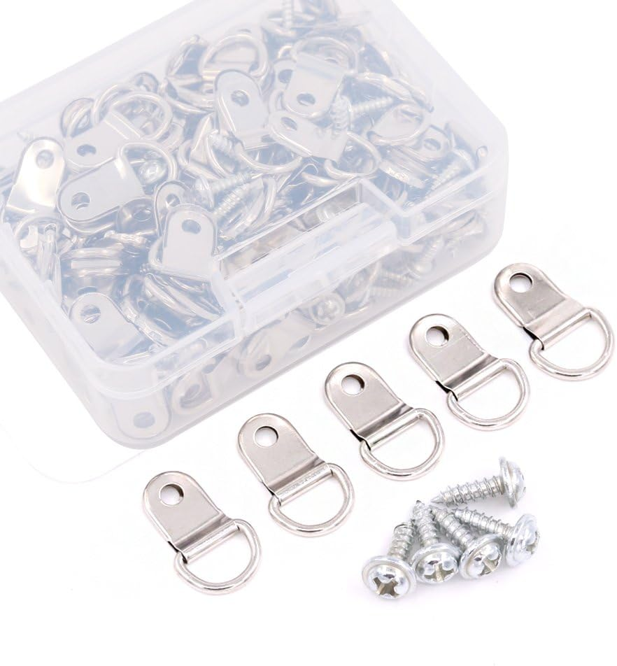 Rustark 110Pcs Silver Metal D Ring Picture Hangers Frame Hanging Hangers Single Hole with Screws for Picture Painting Frame Cross-Stitch