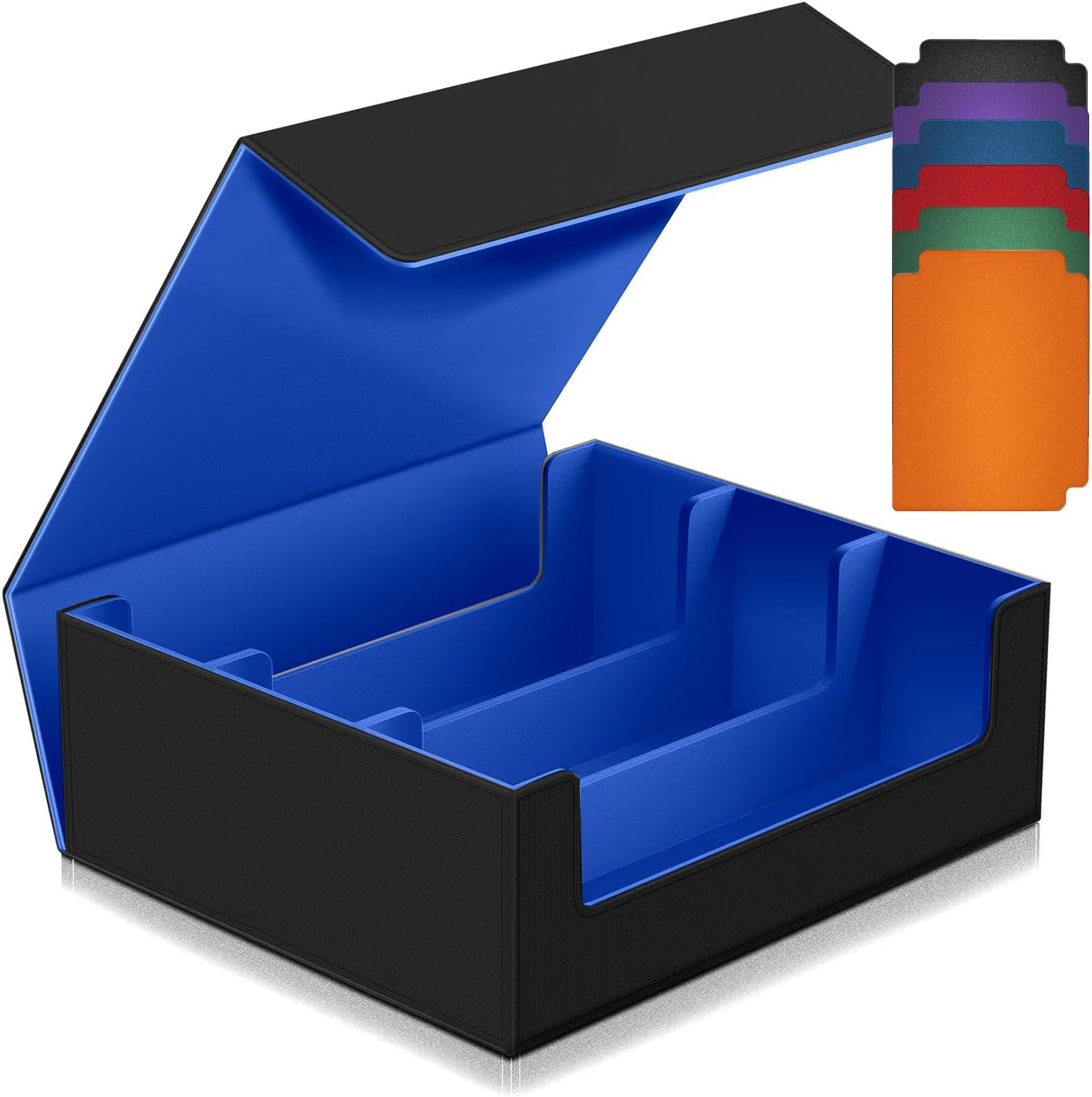 1800+ Trading Card Storage Box, Magnetic Closure Toploaders Storage Box Hold 600+ 35PT 3"X4" Standard Toploaders, PU Leather Card Deck Boxes Fit for Mtg,Sport Cards,Game Cards (Black&Deep Blue) image number 1