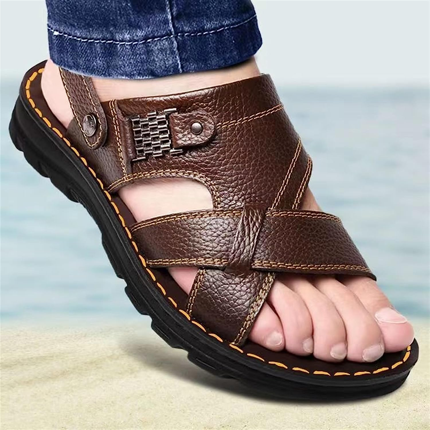Men Sandals Summer Waterproof Arch Support Non-Slip Leather Sandals Soft Sole Slippers Breathable Casual Shoes (Color : Brown, Size : 8) image number 3