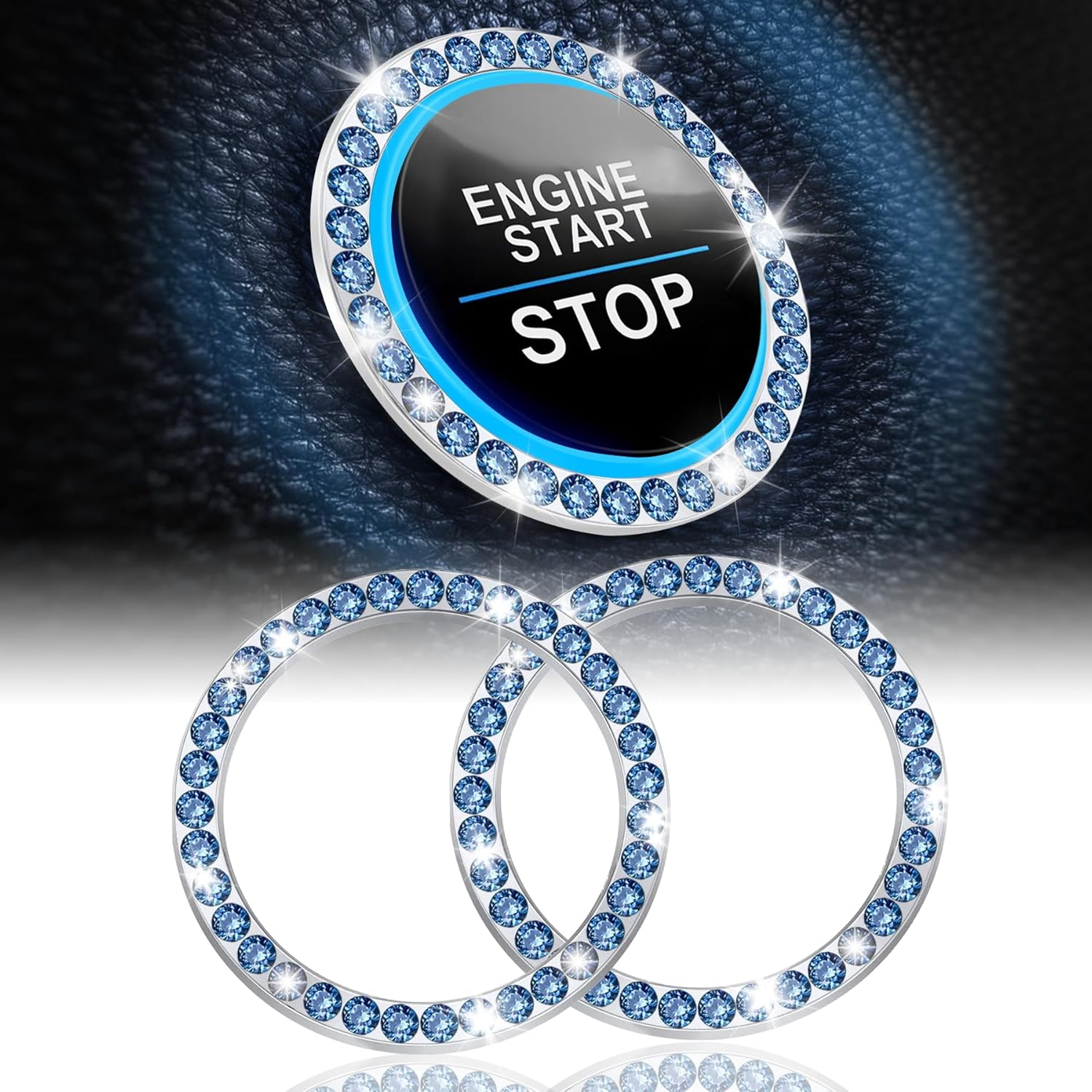 Livtee 2 PCS Crystal Double Rhinestone Car Engine Start Stop Decoration Ring, Bling Car Interior Accessories for Women, Push to Start Button Cover Sticker, Automotive Decals, Glossy Black