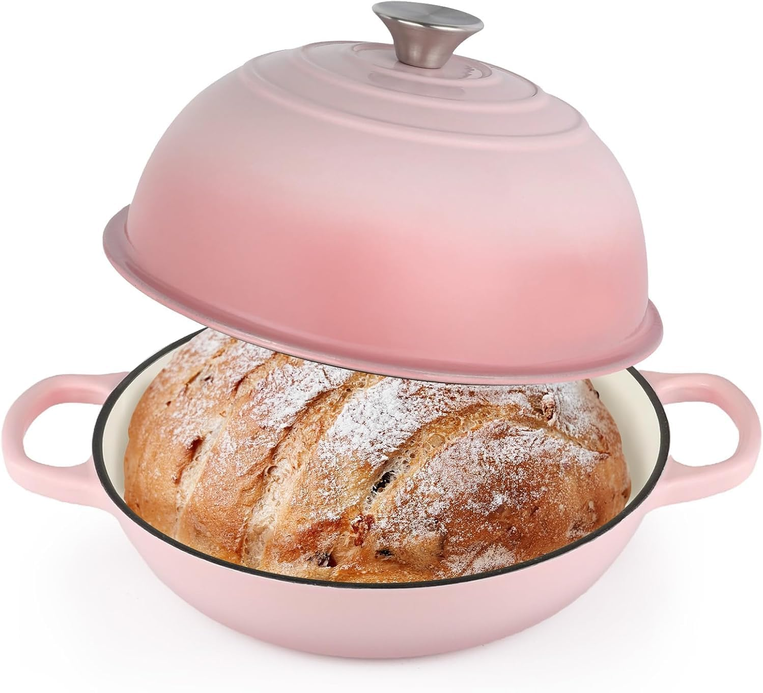 Enameled Cast Iron Bread Oven, 26Cm Bread Dutch Oven for Sourdough Bread Baking, 6 Quarts Bread Pan with Dome Lid, Non-Stick Cookware for Homemade Bread, Pink