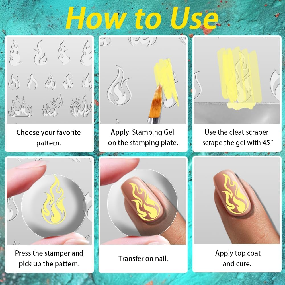 Benikmake 3Pcs Flame Nail Stamping Plate Nail Printing Stainless Stencil for Manicure Salon Fire Element 6X12Cm 2.36X4.7Inch - Fire image number 5